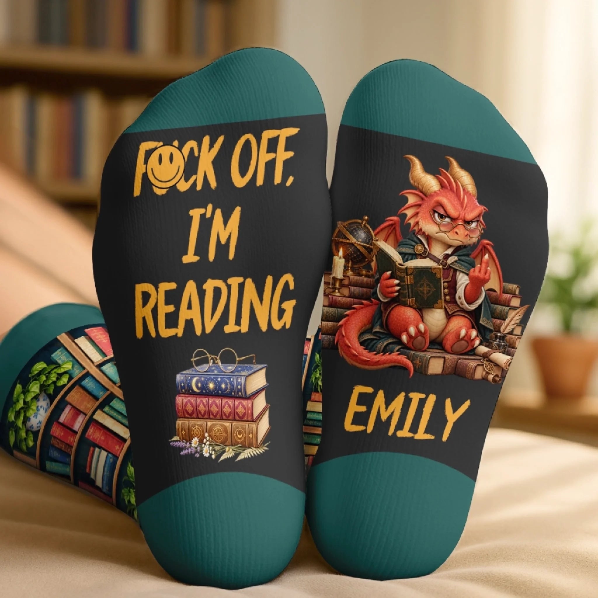 Custom Name Funny Reading Character Personalized Middle Tube Crew Socks for Book Lovers Gifts