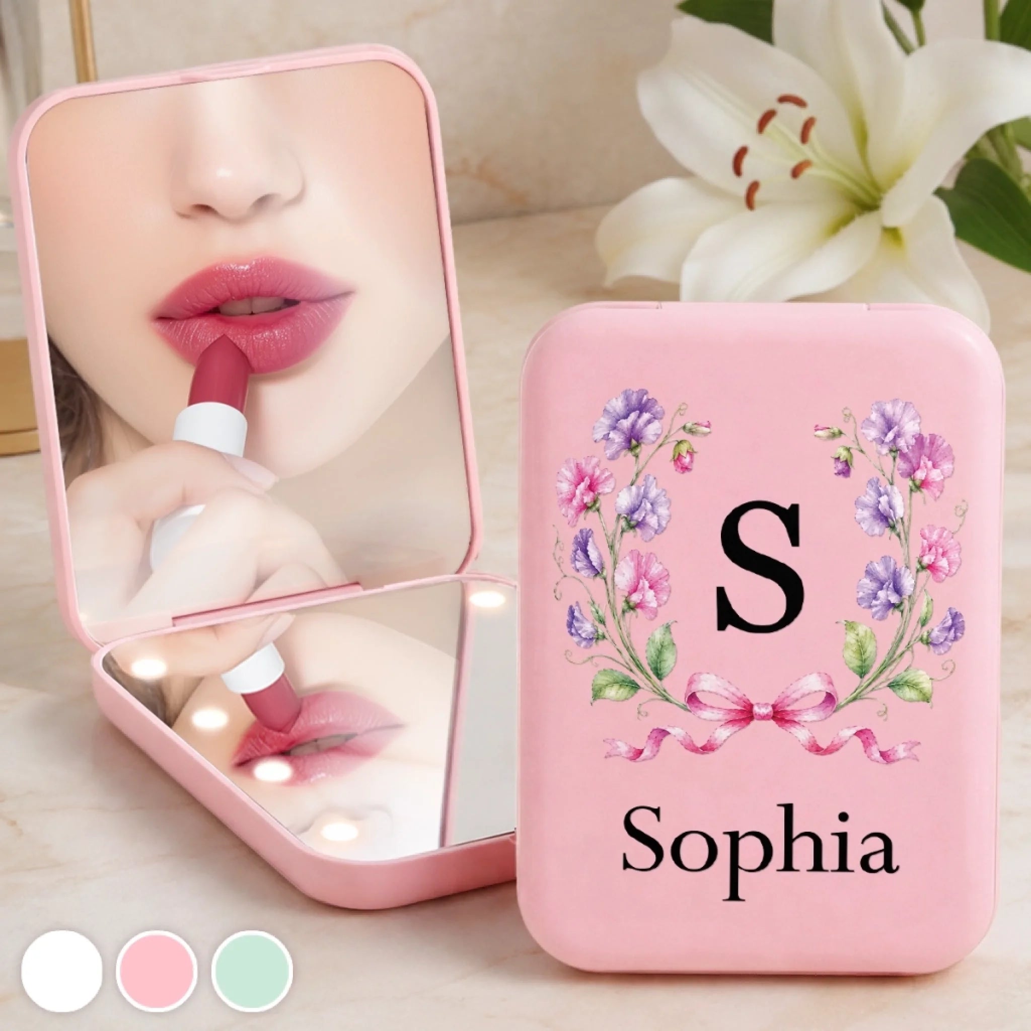 Personalized Custom Name Floral Monogram LED Compact Makeup Mirror Gift for Women