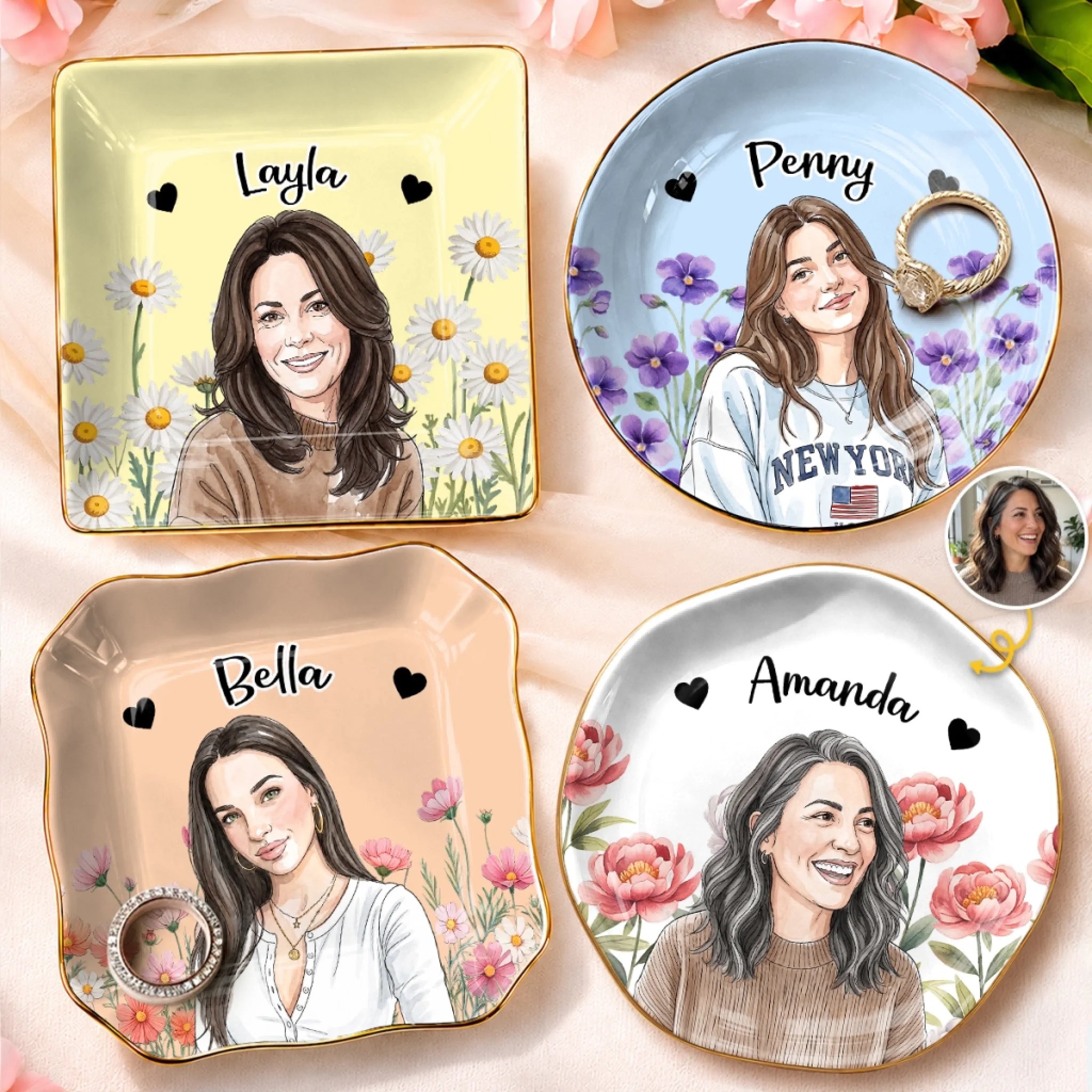 Personalized Floral Photo Name Jewelry Dish, Custom Portrait Keepsake Gift for Women