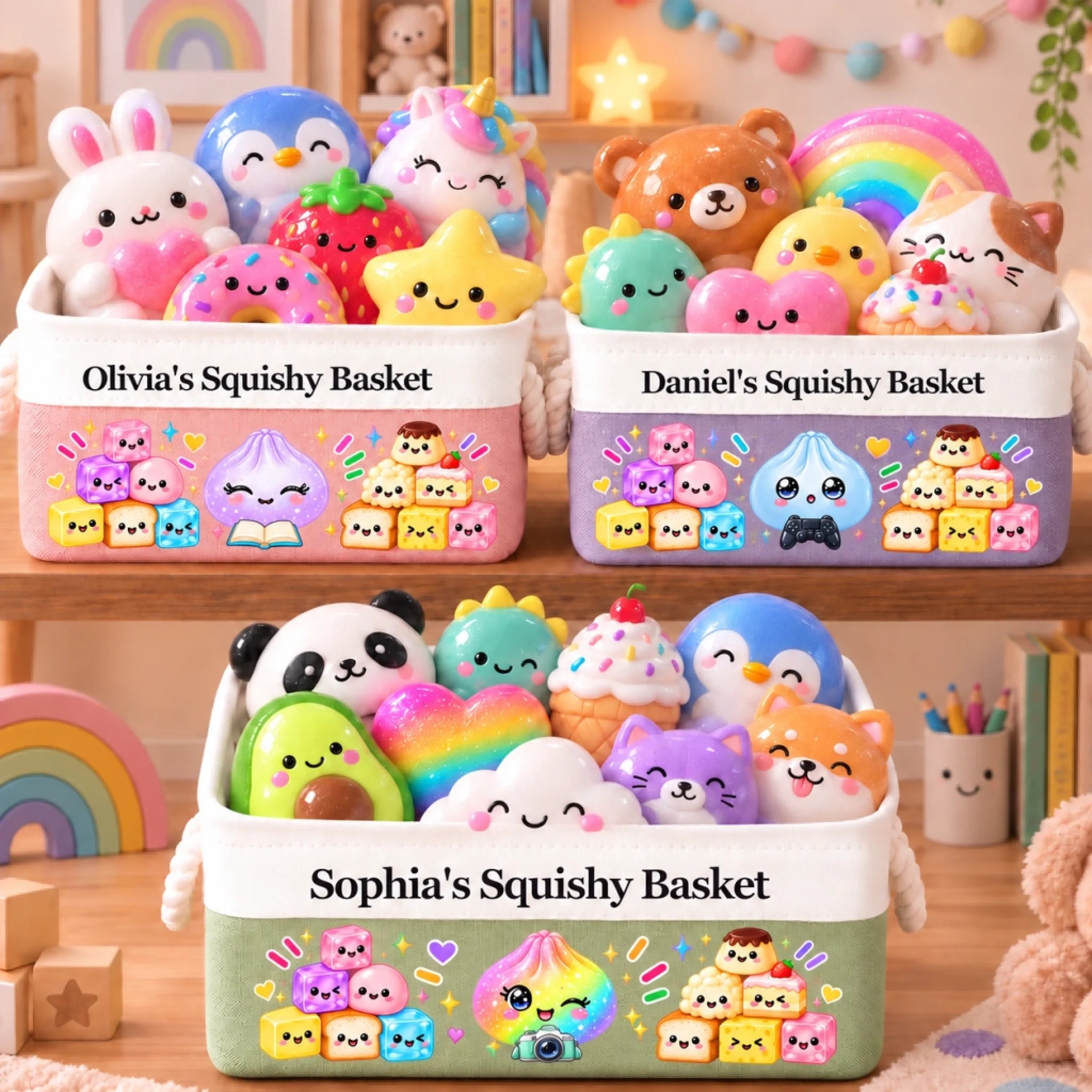 Custom Name Kawaii Squishy Toy Personalized Storage Basket Gift for Kids