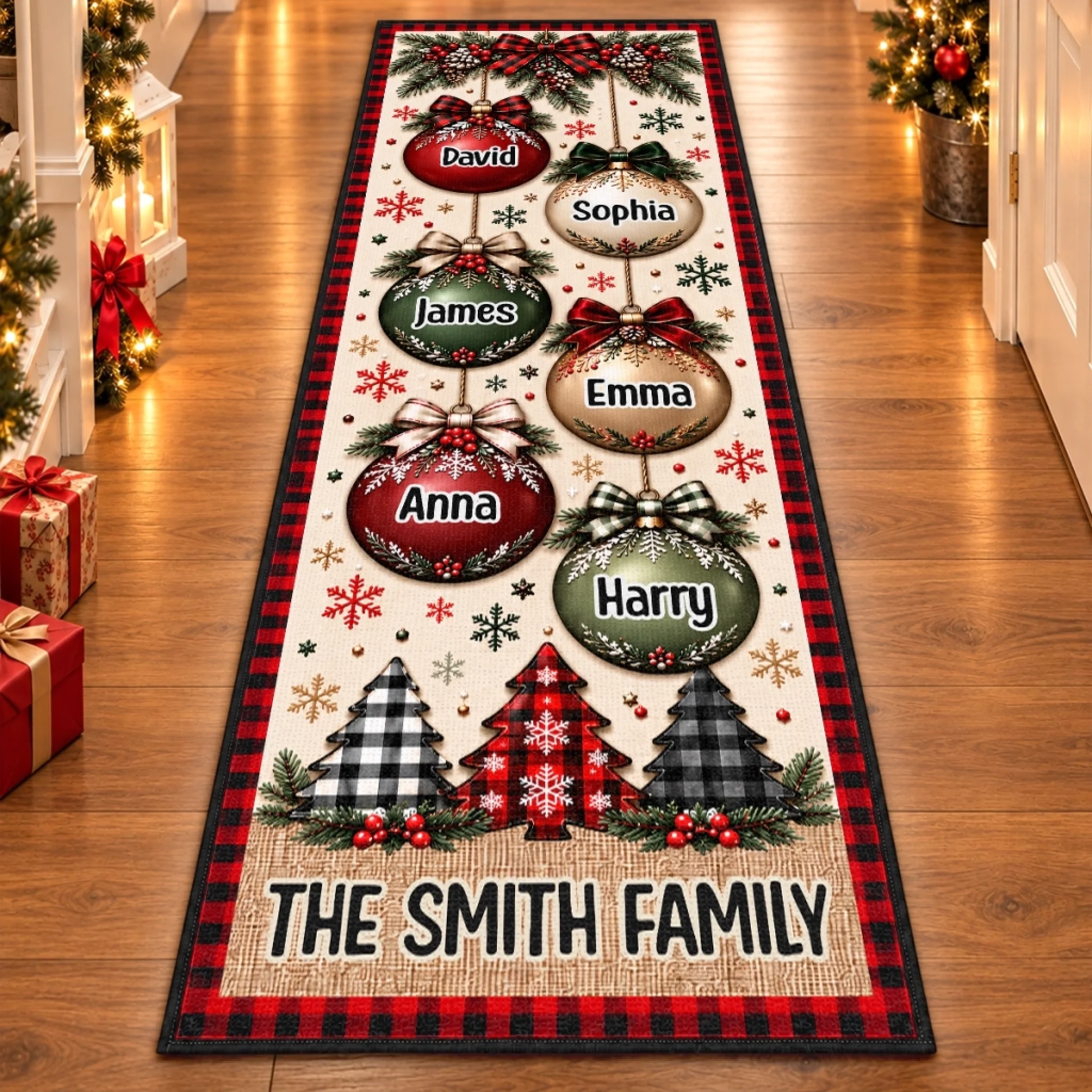 Personalized Christmas Family Name Runner Rug Custom Holiday Gift for Entryway or Hallway