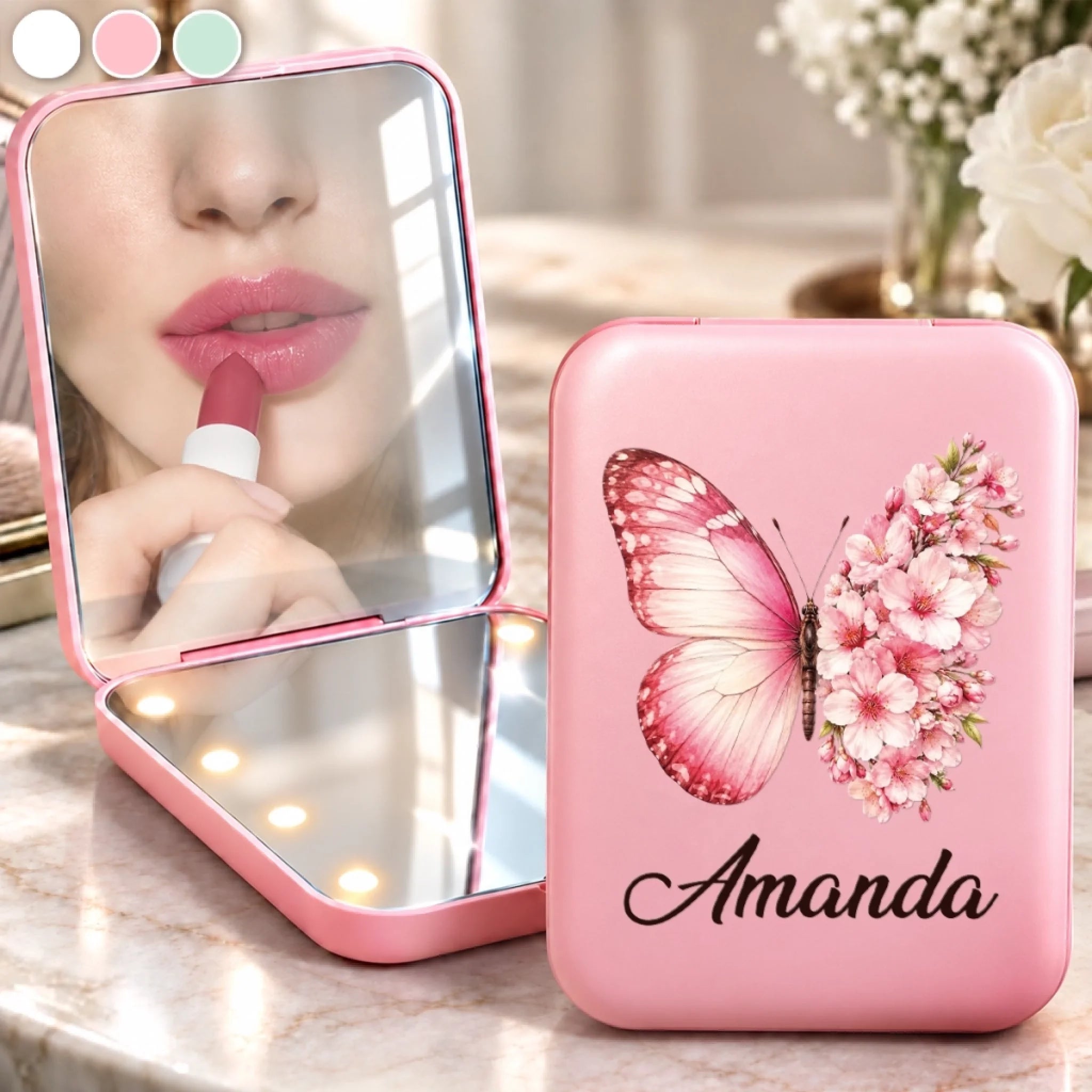 Personalized LED Compact Makeup Mirror with Custom Name, Butterfly Floral Gift for Women
