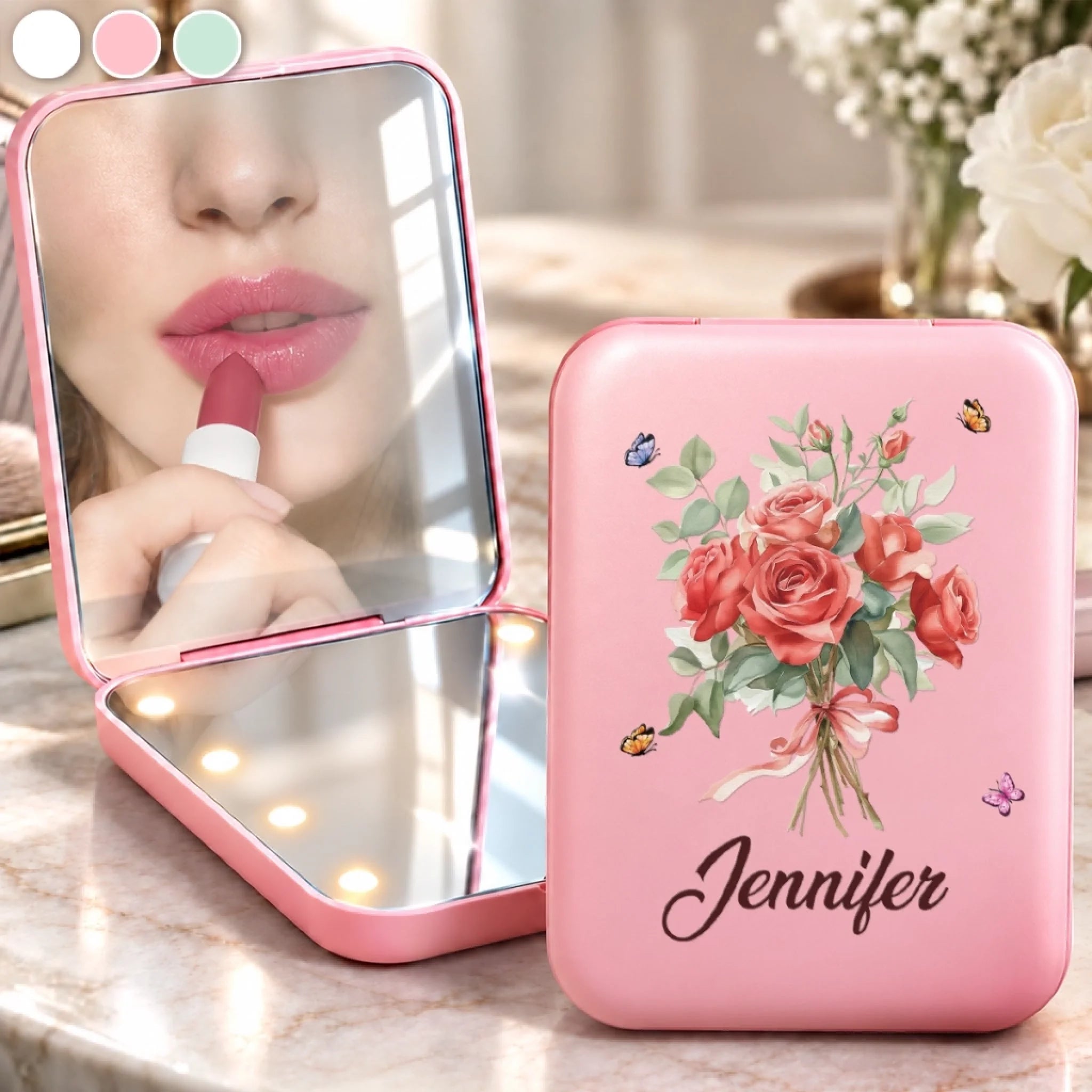 Custom Name Rose Butterfly Personalized LED Compact Makeup Mirror Gift for Women