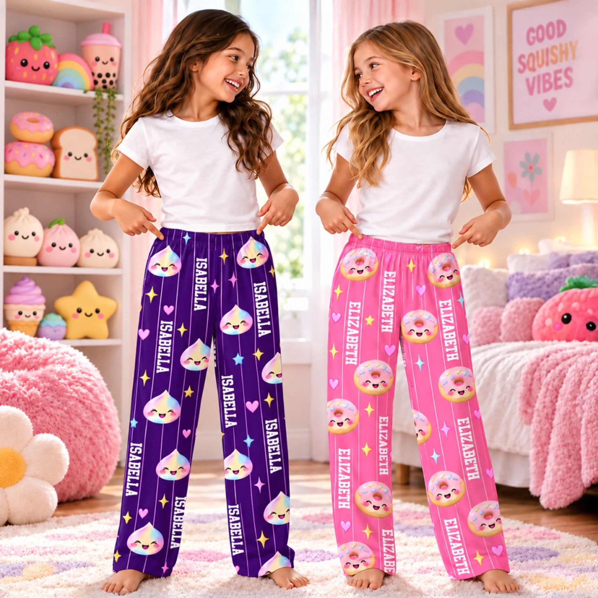 Personalized Name Squishy Treat Pajama Pants for Girls, Custom Cute Snack Sleepwear Gift
