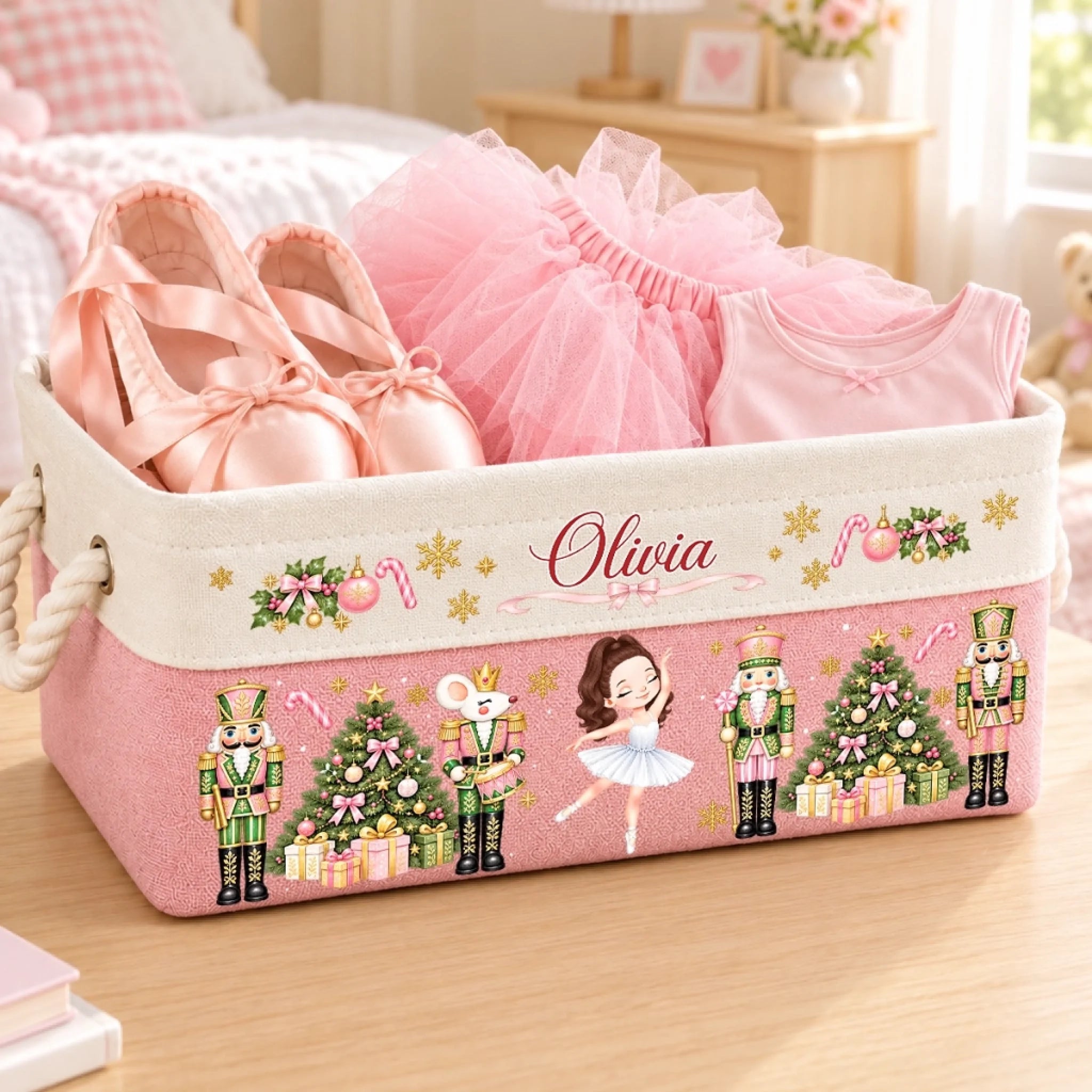 Personalized Pink Ballerina Nutcracker Storage Basket, Custom Name Christmas Gift for Girls