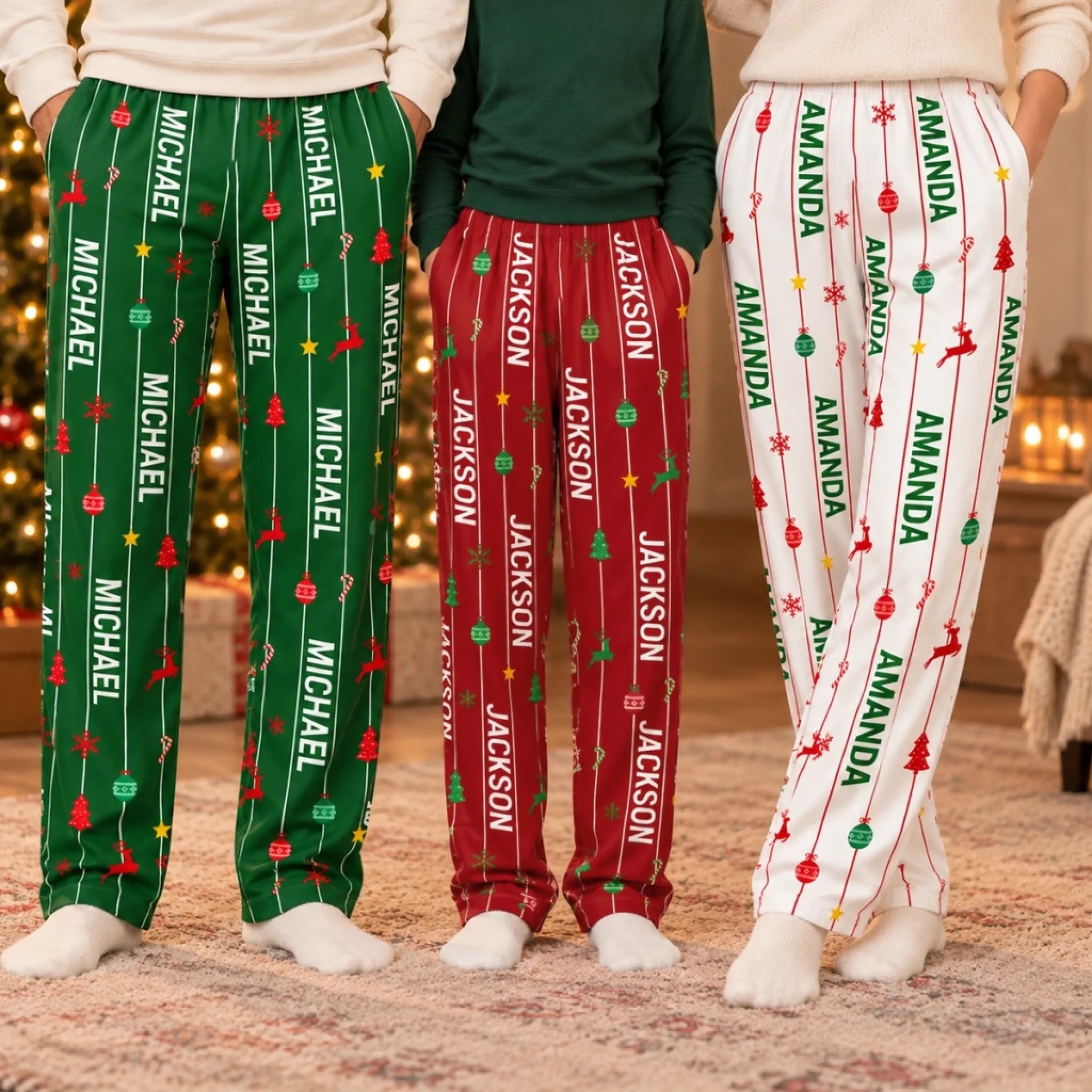 Personalized Striped Christmas Pajama Pants with Custom Name, Family Holiday Gift