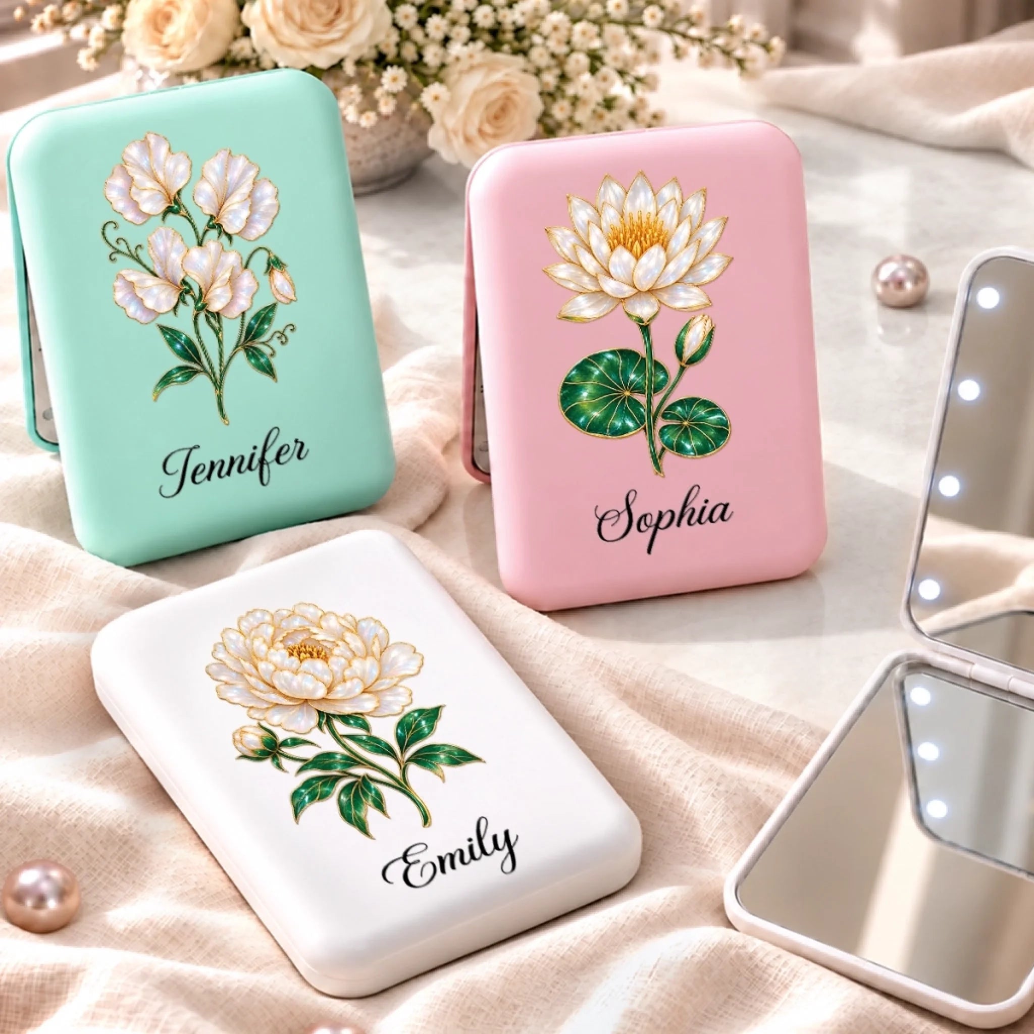 Personalized LED Compact Makeup Mirror with Name and Birth Month Flower, Custom Gift for Women