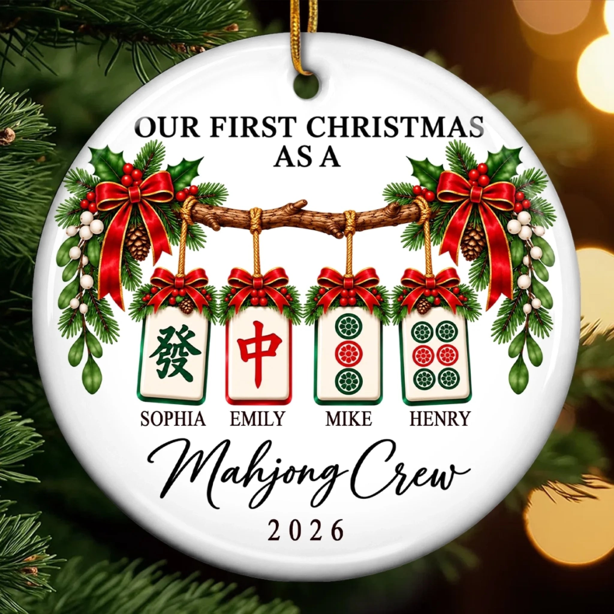 Personalized Ceramic First Christmas Mahjong Ornament, Custom Name Game Night Group Gift