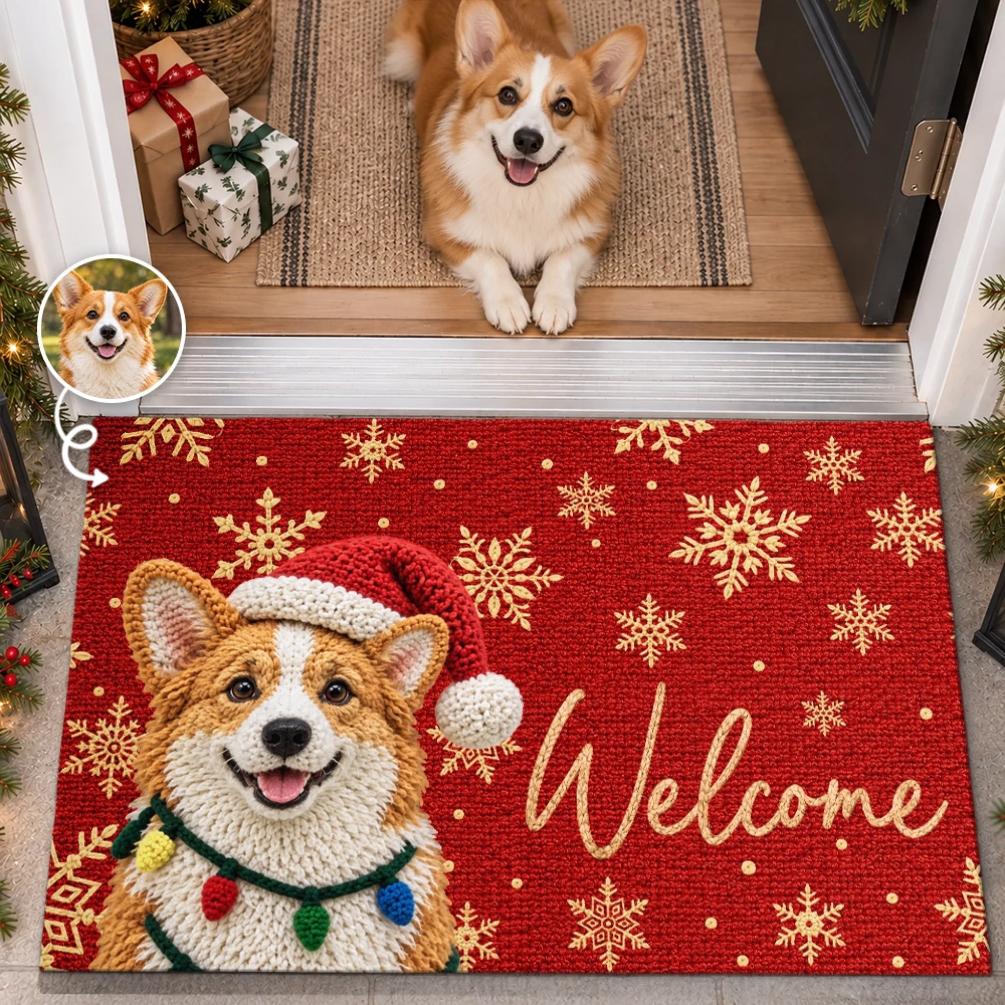 Personalized Pet Photo Christmas Welcome Doormat, Custom Decorative Mat Gift for Pet Lovers