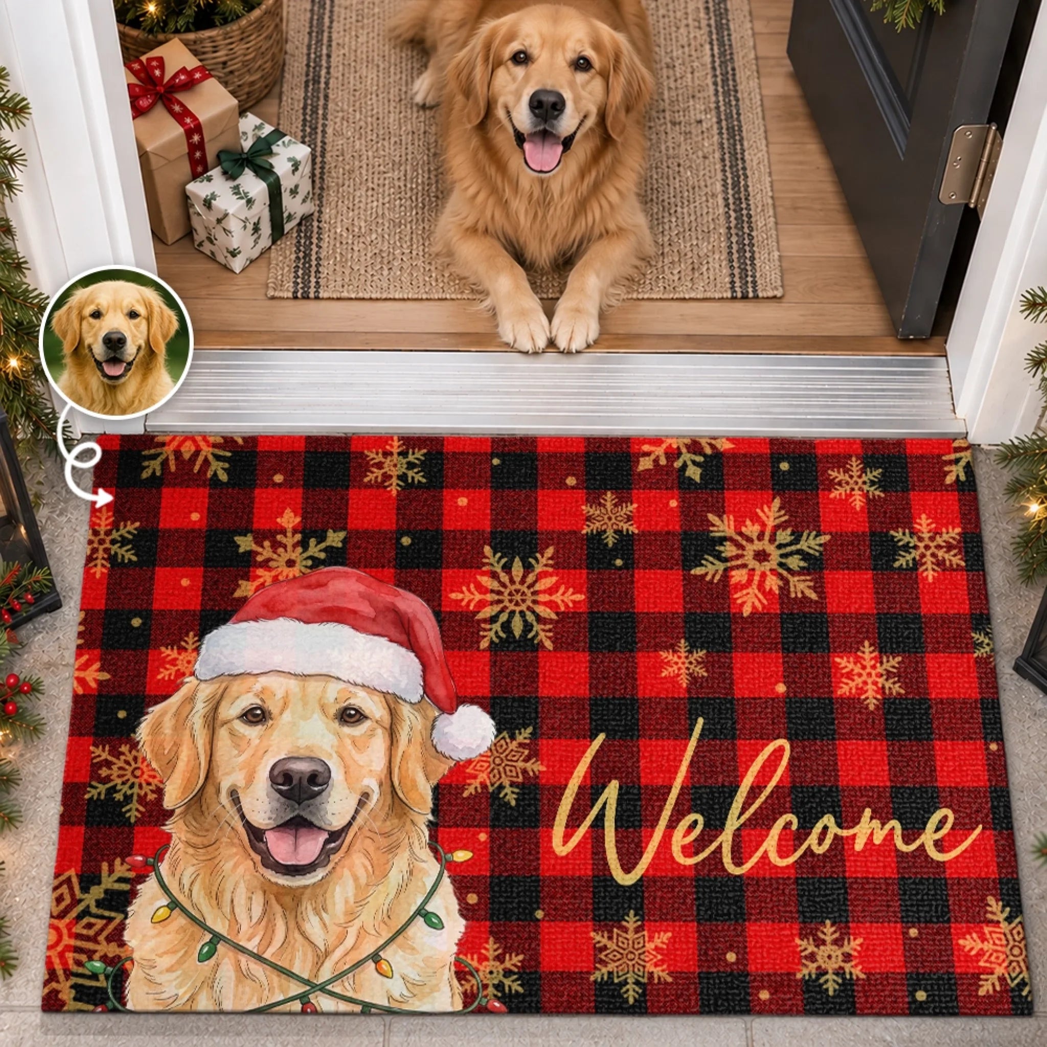 Custom Pet Photo Christmas Doormat, Personalized Dog Lover Entryway Decorative Mat Gift