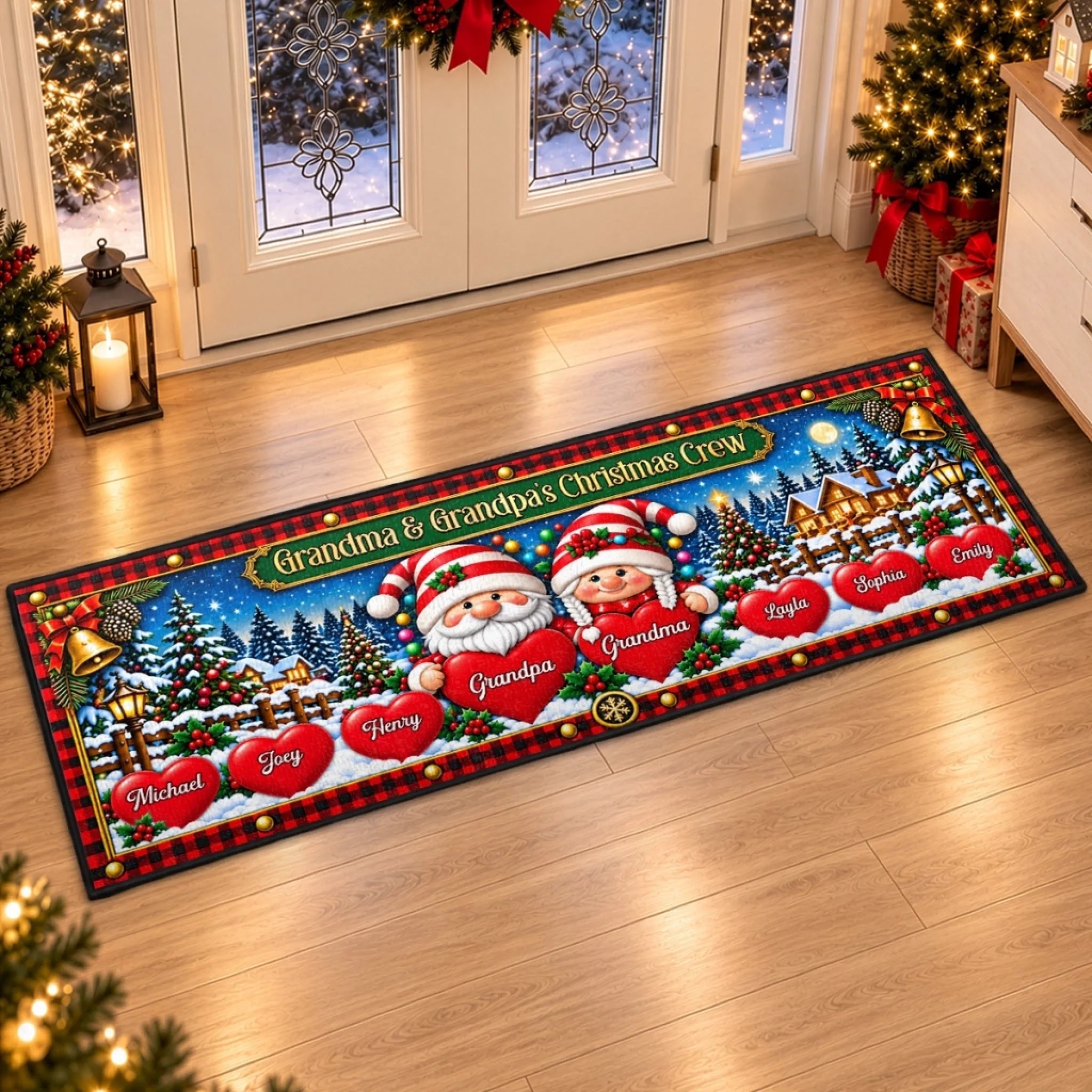 Custom Name Grandma & Grandpa Christmas Crew Personalized Runner Rug for Holiday Decor Gift
