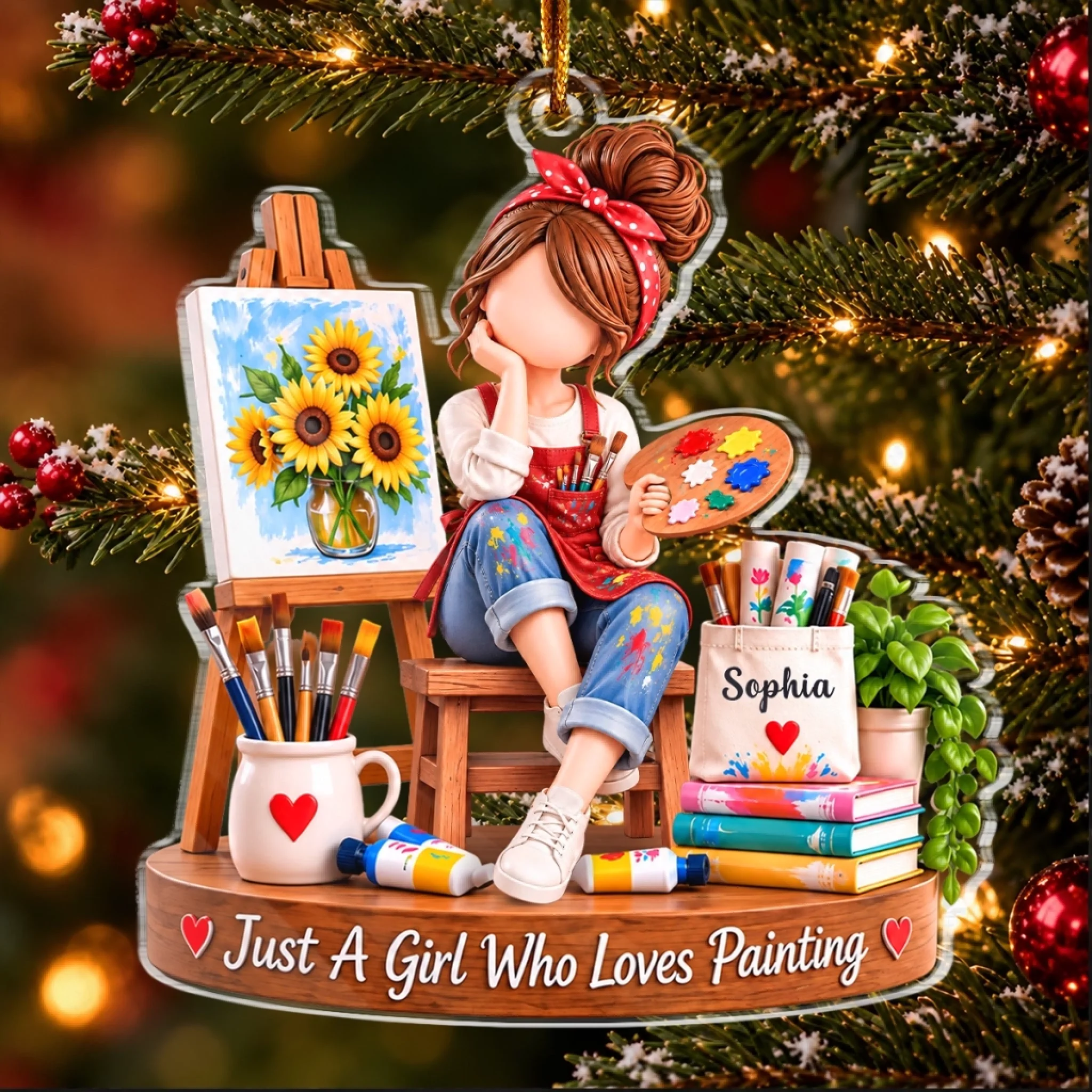 Personalized Acrylic Painting Girl Christmas Ornament, Custom Artist Gift for Girls and Painters