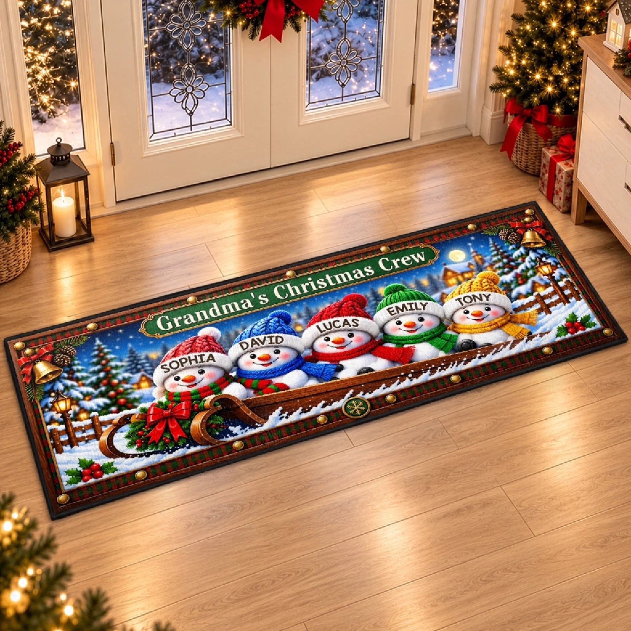 Custom Name Snowman Christmas Runner Rug, Personalized Holiday Gift for Grandma and Grandpa