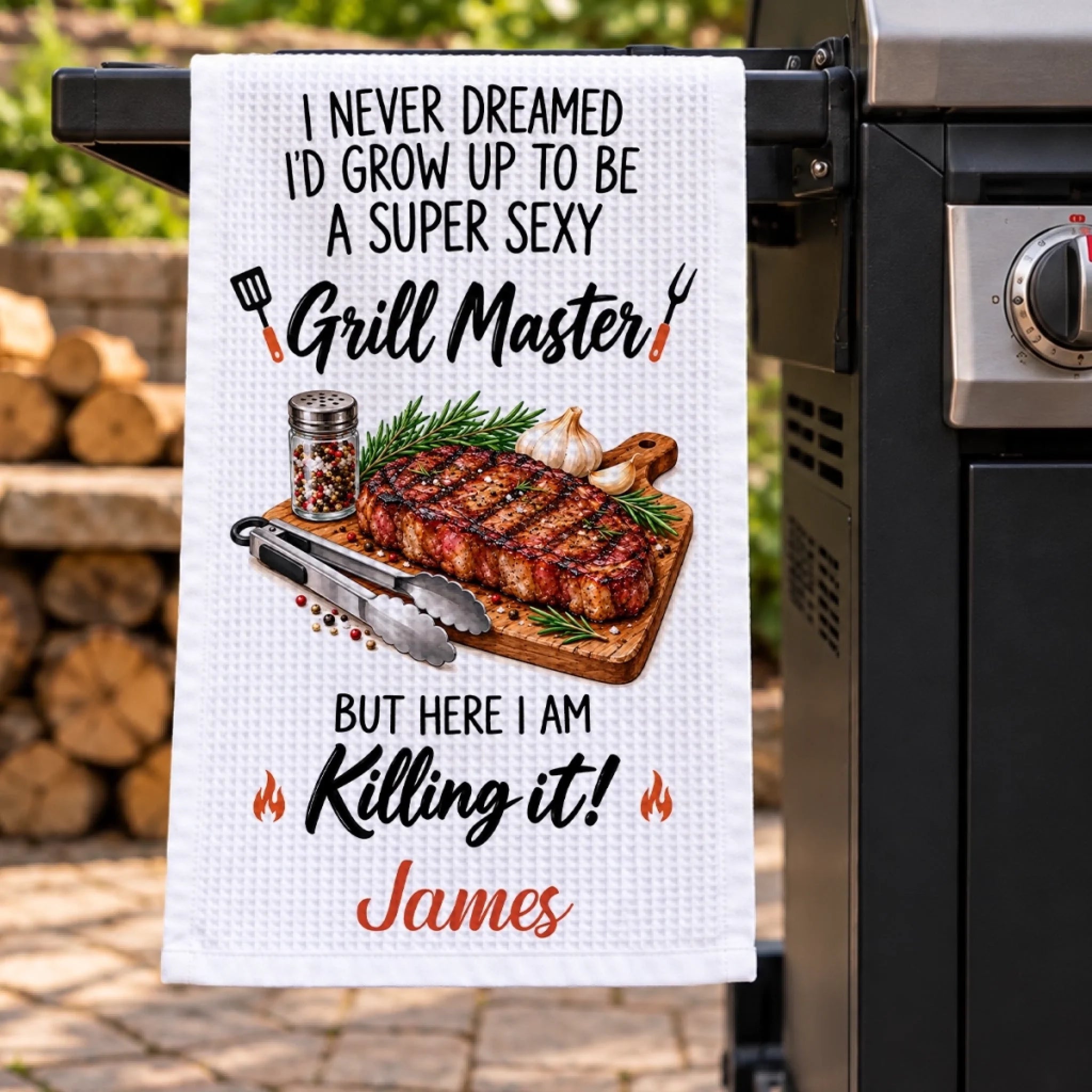 Custom Name Funny Grill Master Personalized Kitchen Towel Gift for BBQ and Grilling