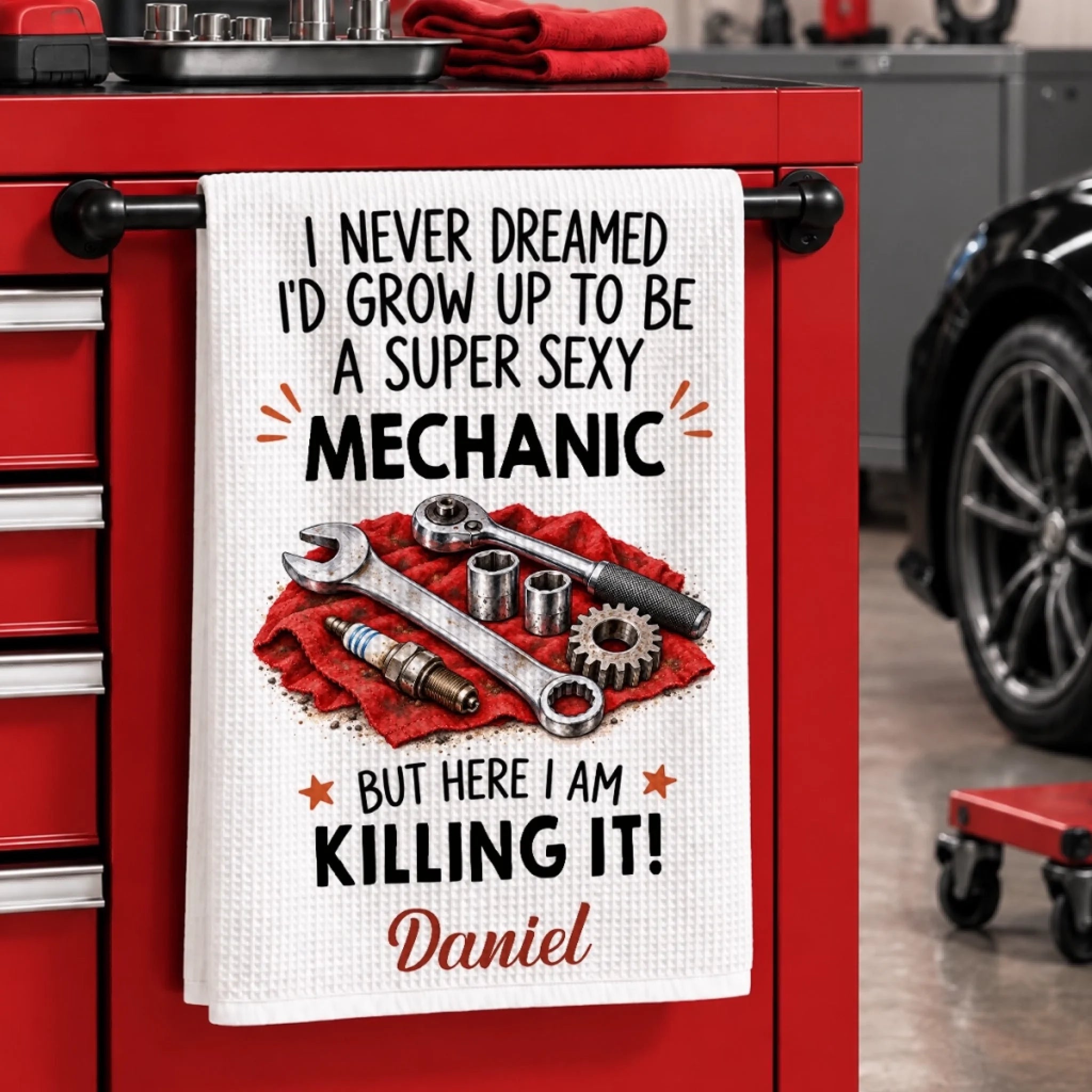 Custom Name Funny Mechanic Kitchen Towel, Personalized Gift for Men Garage Dad Husband