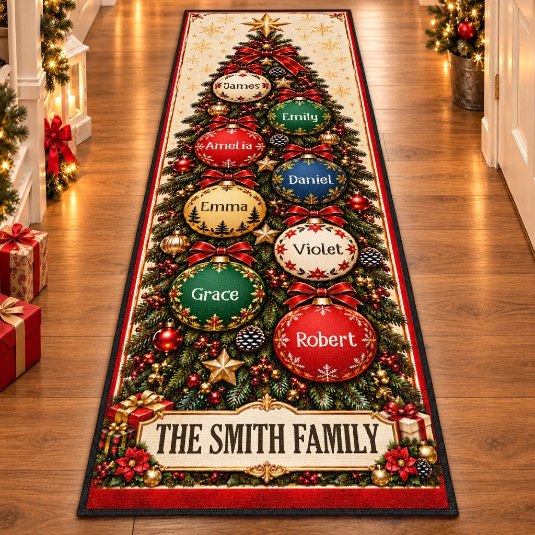 Personalized Christmas Family Name Runner Rug, Custom Holiday Tree Ornament Decor Gift