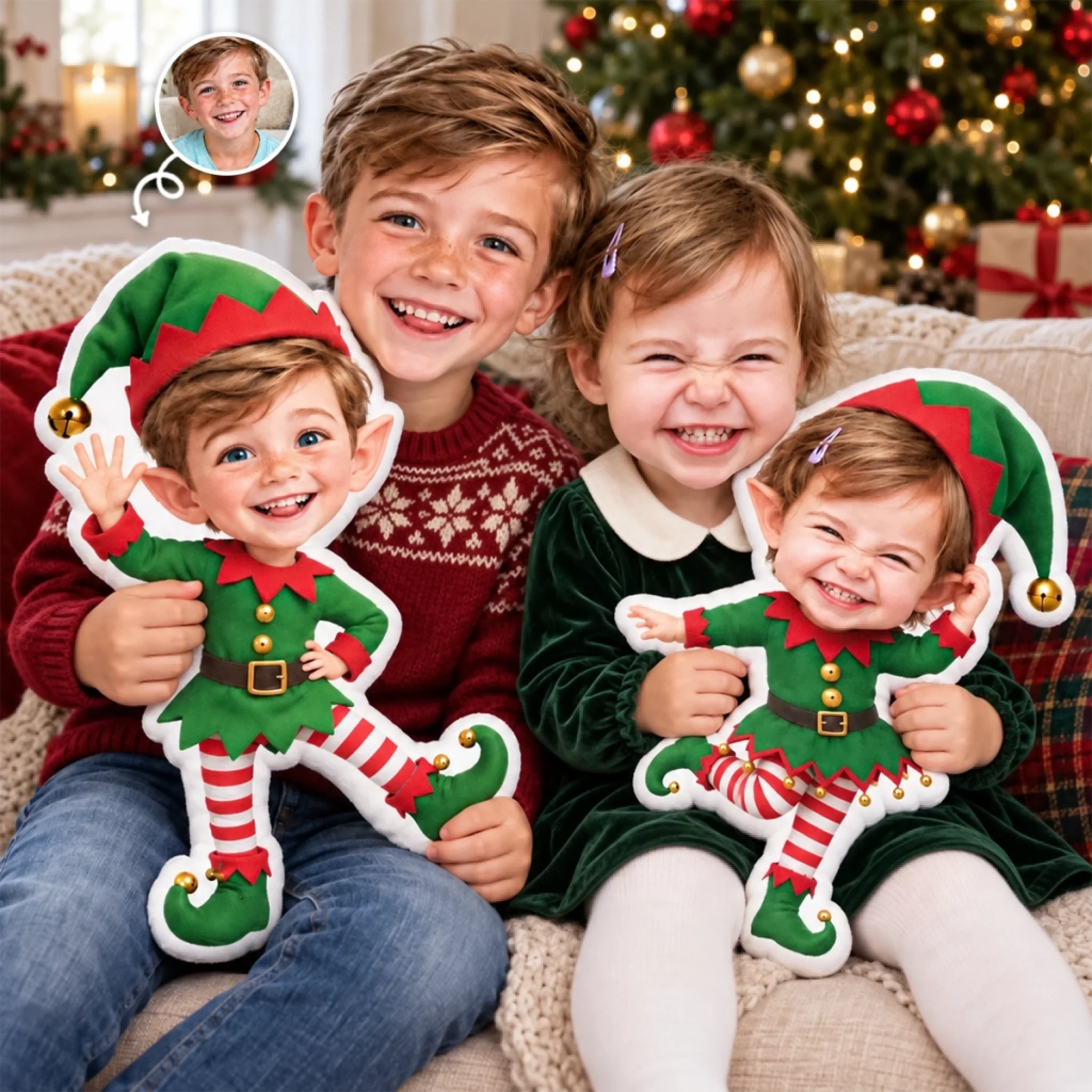 Custom Photo Christmas Elf Shaped Pillow for Kids, Personalized Holiday Gift