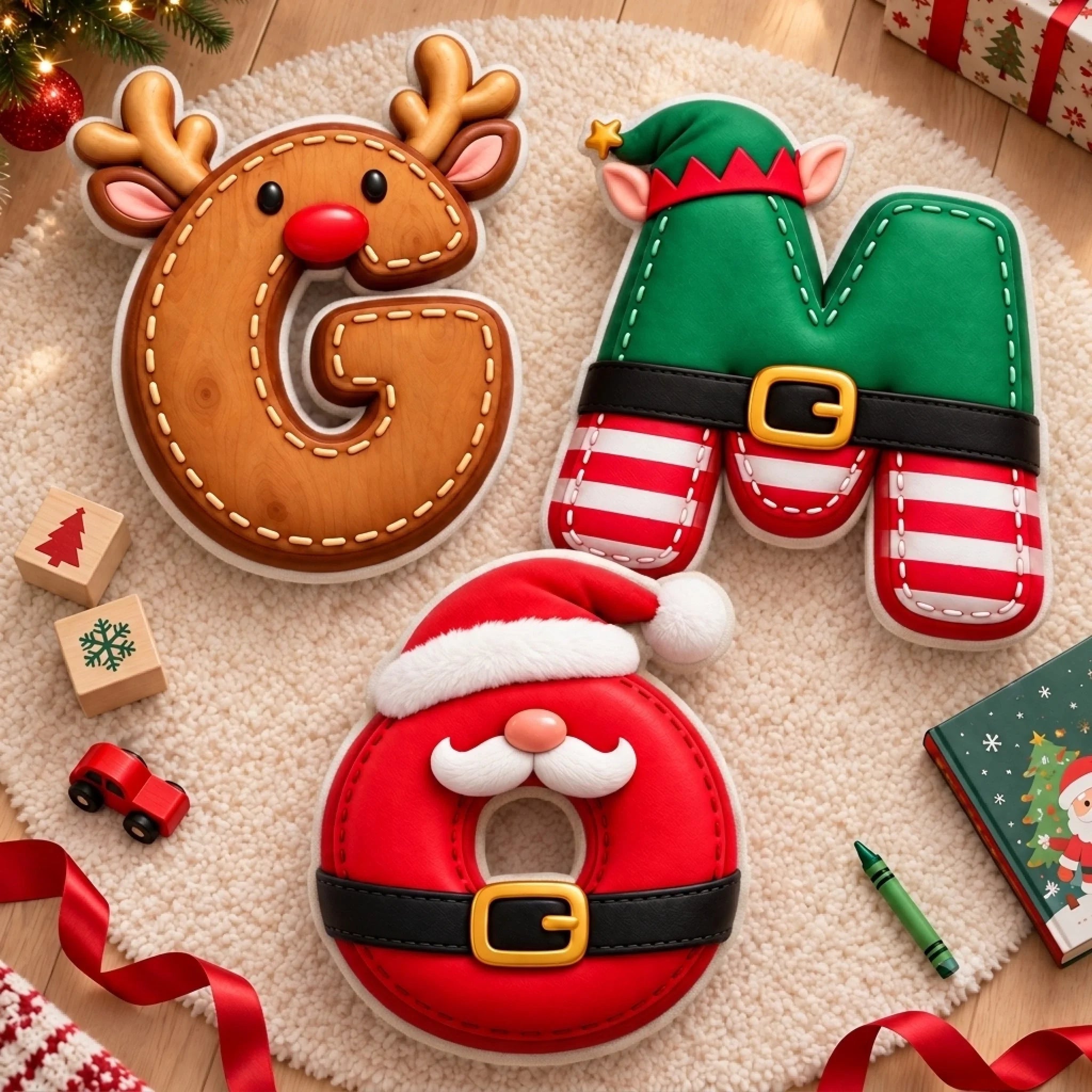 Personalized Christmas Character Initial Shaped Pillow, Custom Family & Kids Holiday Gift