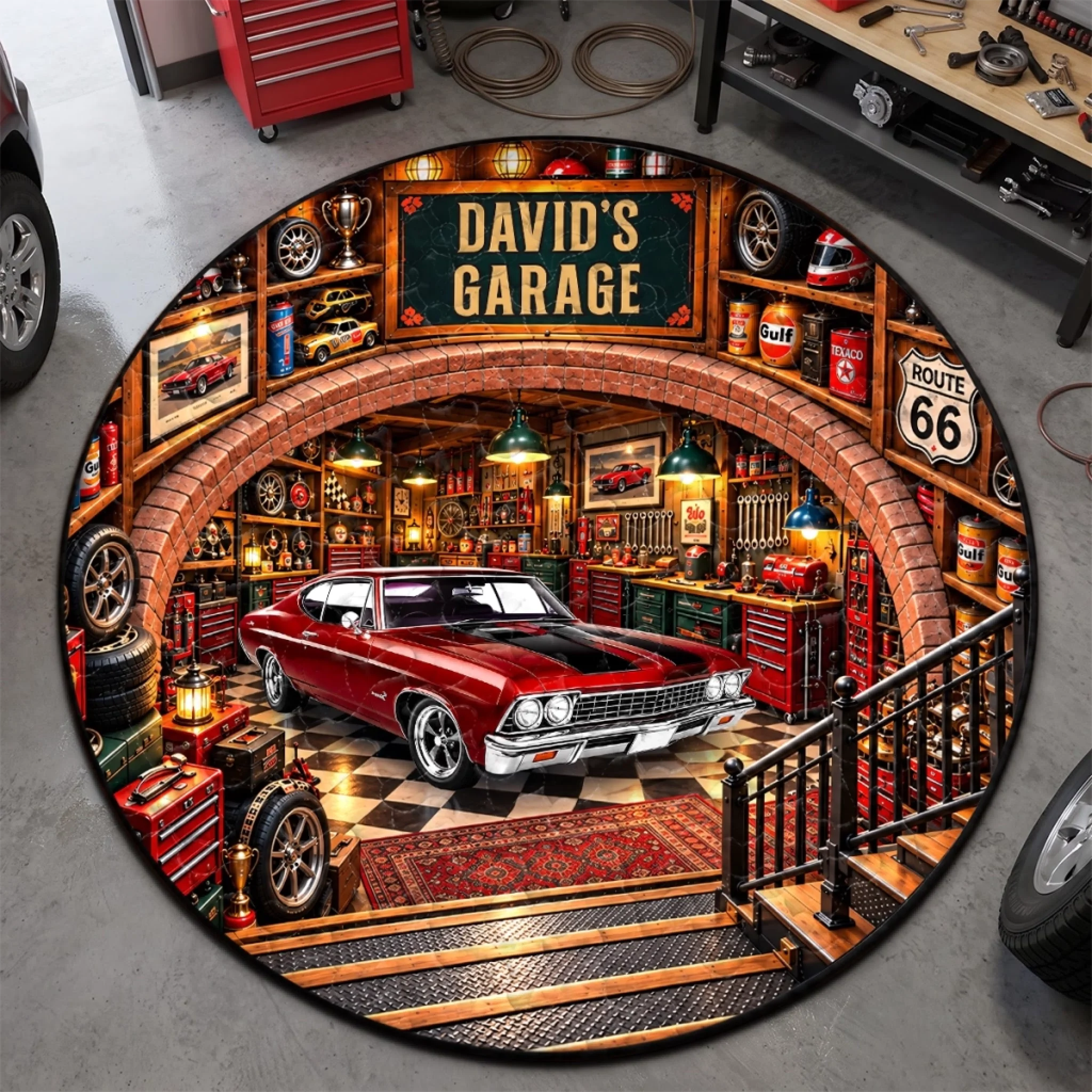 Custom Photo Classic Car Garage Decor Personalized Quilted Round Mat Gift for Car Lovers