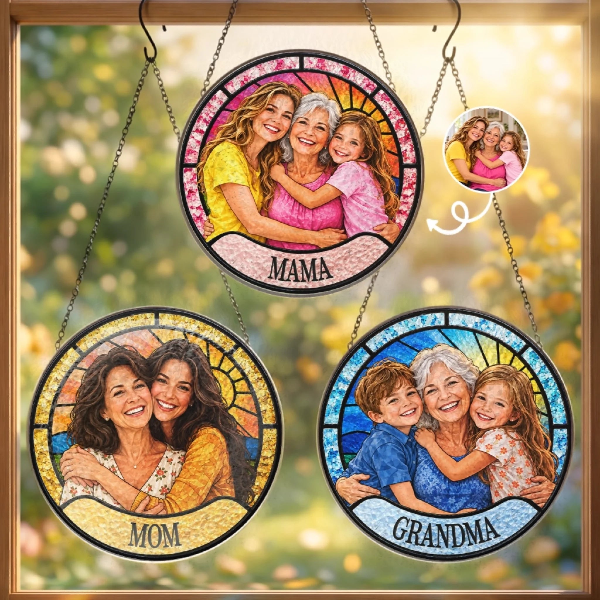 Custom Photo Generational Family Stained Glass Window Suncatcher, Personalized Gift for Mom or Grandma