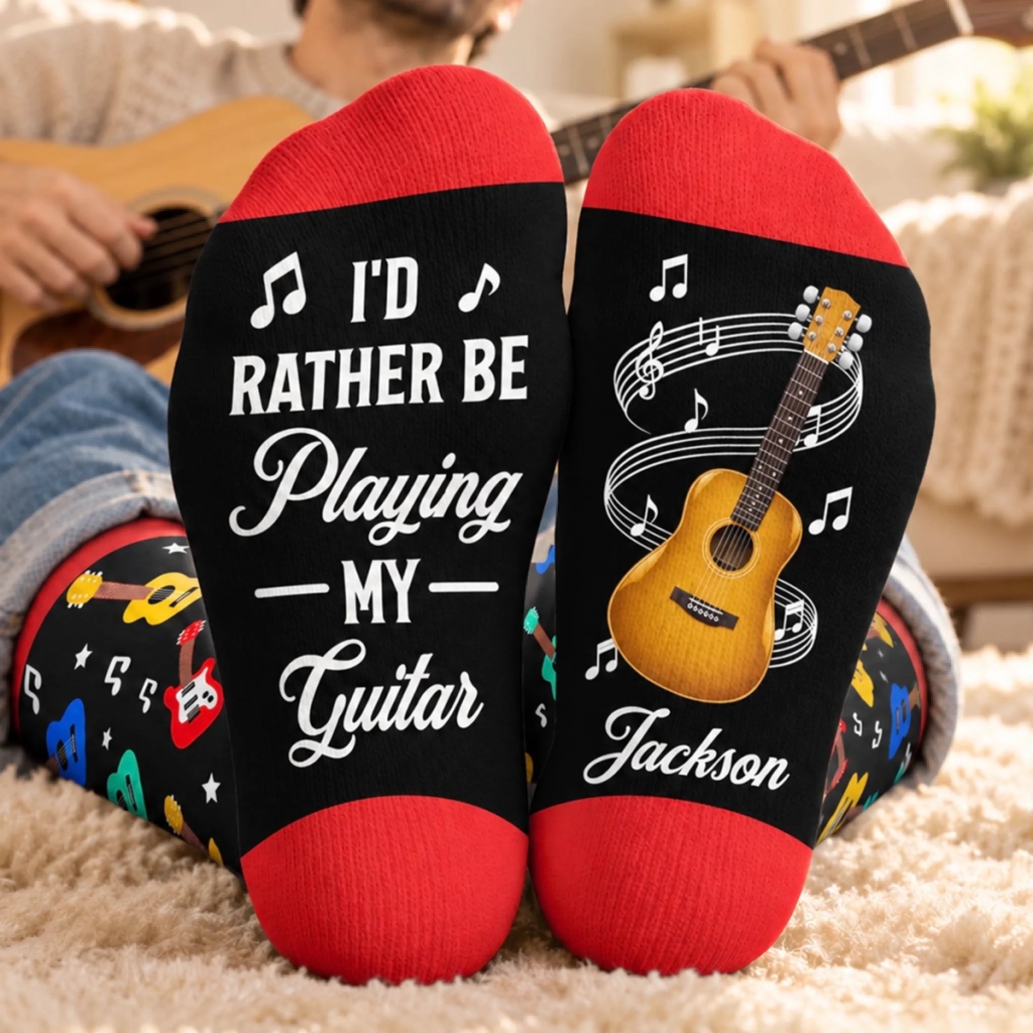 Custom Name Guitar Crew Socks for Musicians, Personalized Music Gift Middle Tube Socks