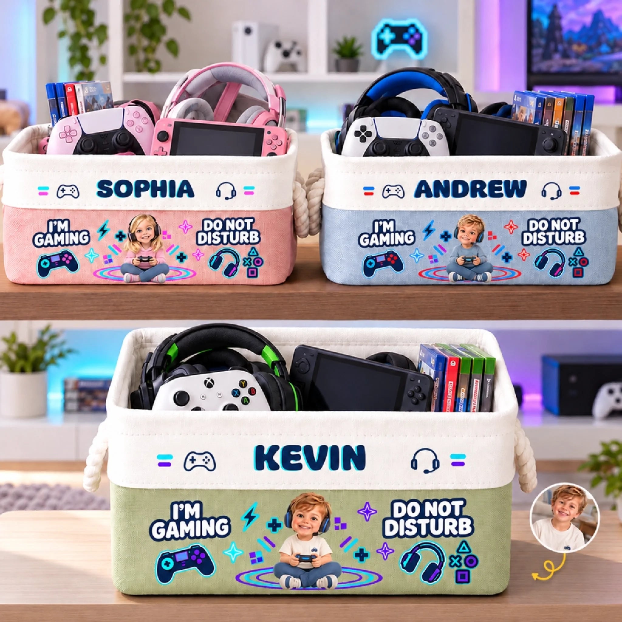 Custom Photo Gaming Storage Basket for Kids, Personalized Gamer Gift Organizer