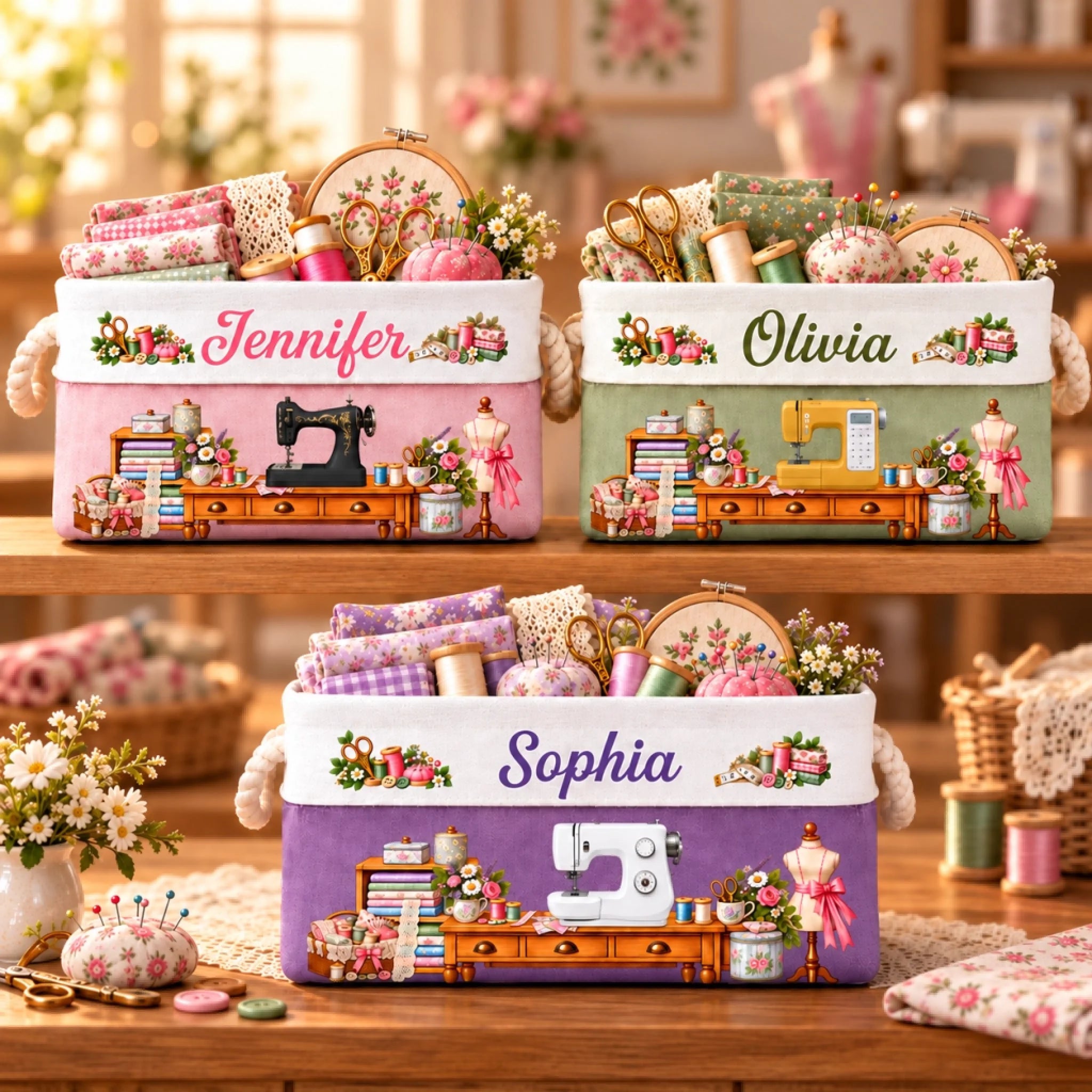 Personalized Sewing Machine Storage Basket with Custom Name, Gift for Sewers and Seamstresses
