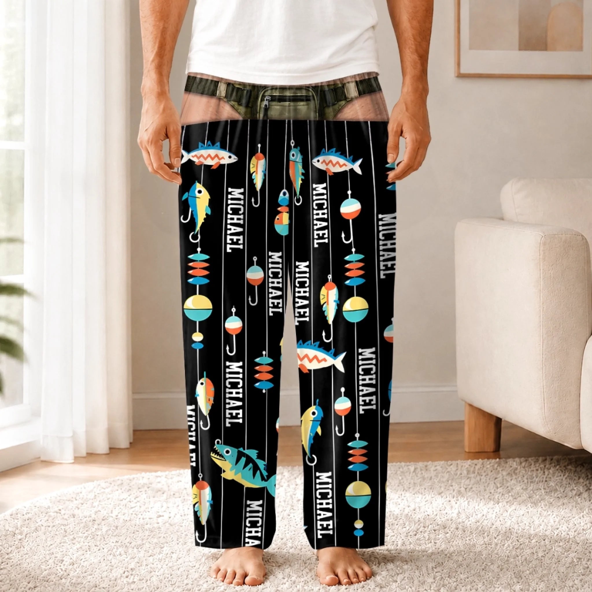 Custom Name Hook and Lure Pajama Pants for Men - Personalized Fishing Gift