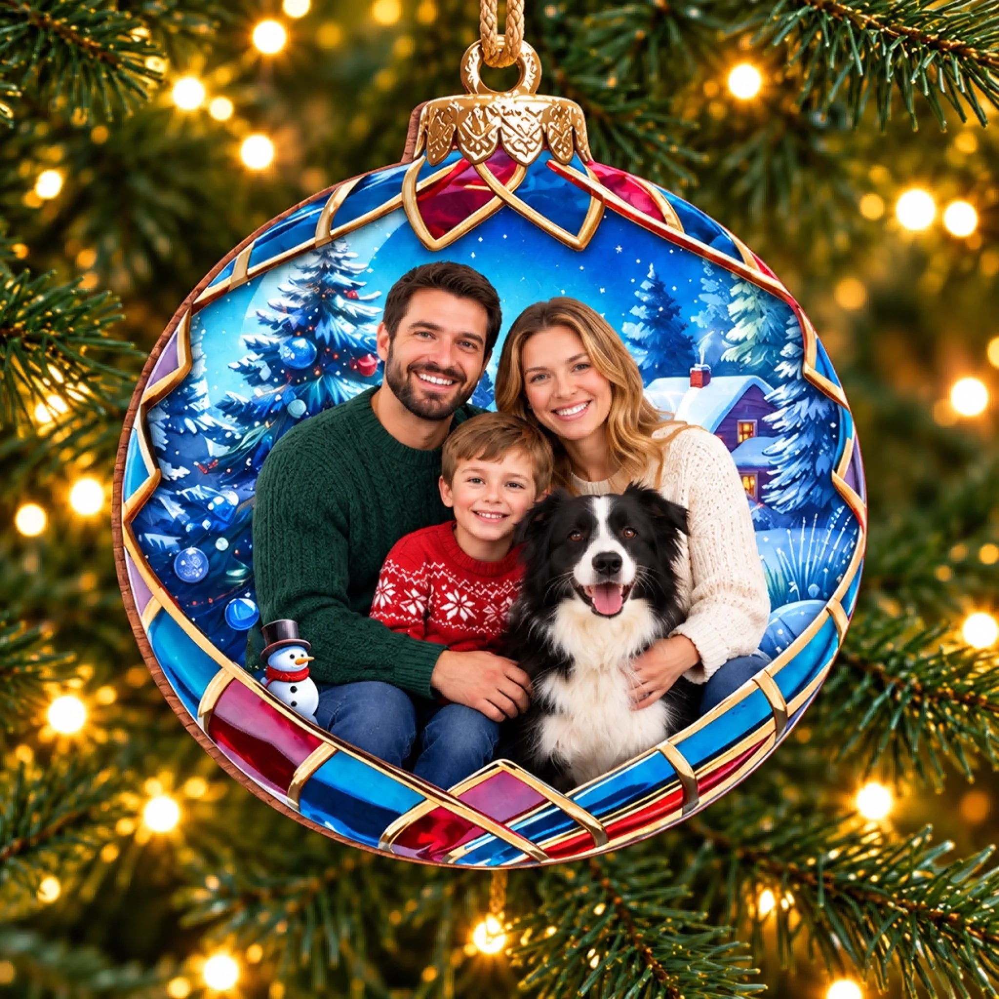 Personalized Family Photo Christmas Ornament With Pets, Custom Holiday Gift Keepsake