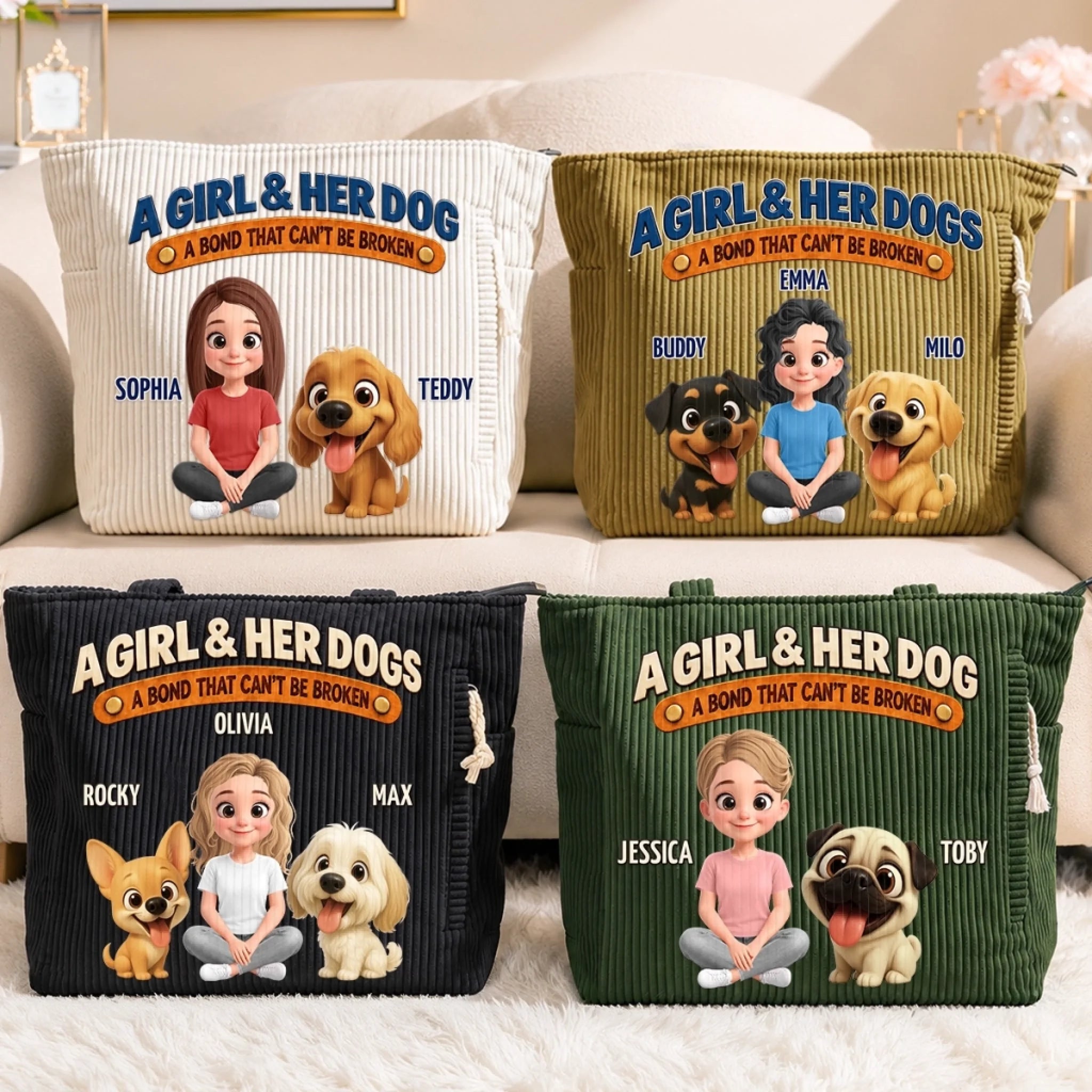 Personalized Corduroy Tote Bag with Custom Name Girl and Her Dogs, Gift for Dog Lovers