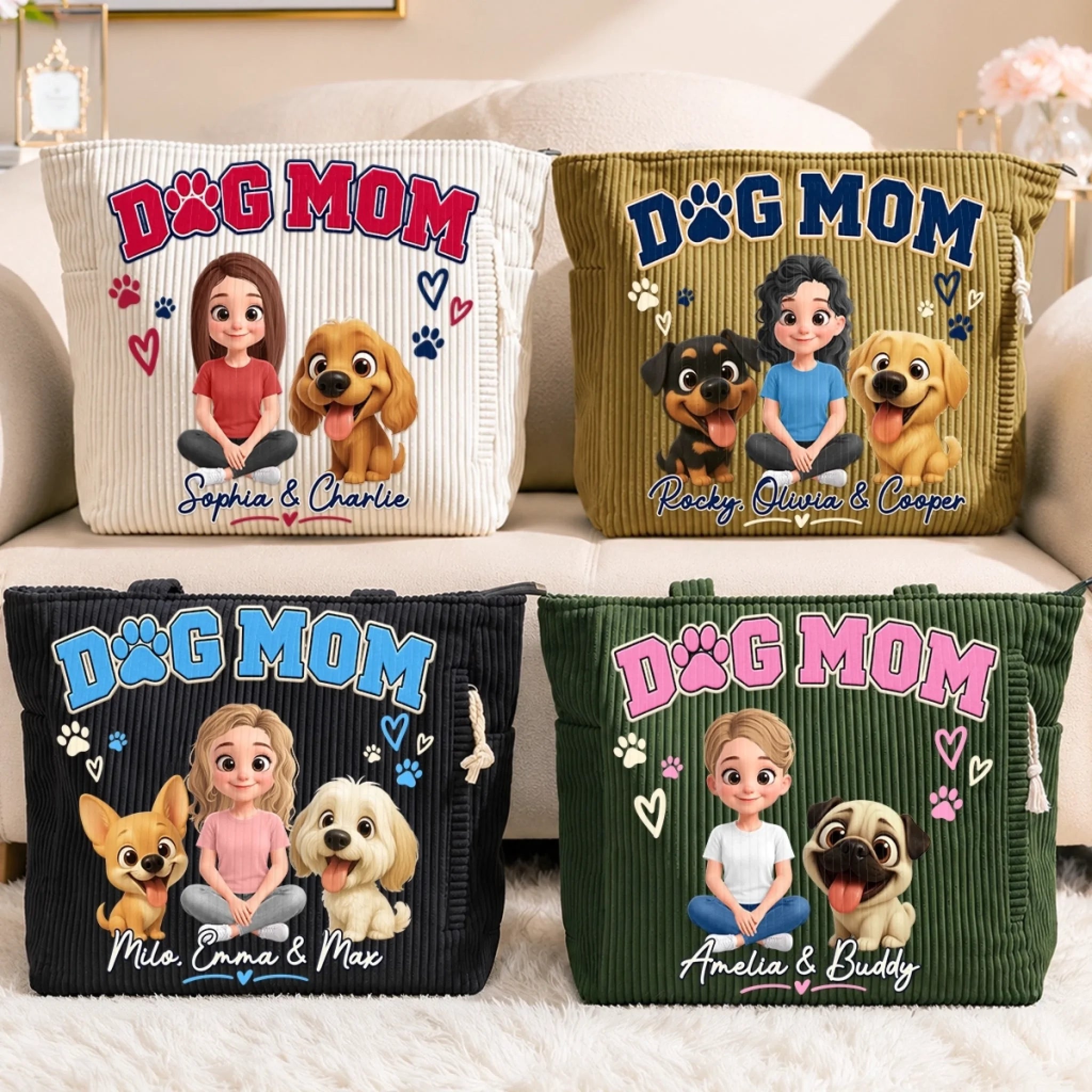 Custom Name Dog Mom Corduroy Tote Bag, Personalized Gift for Dog Lovers