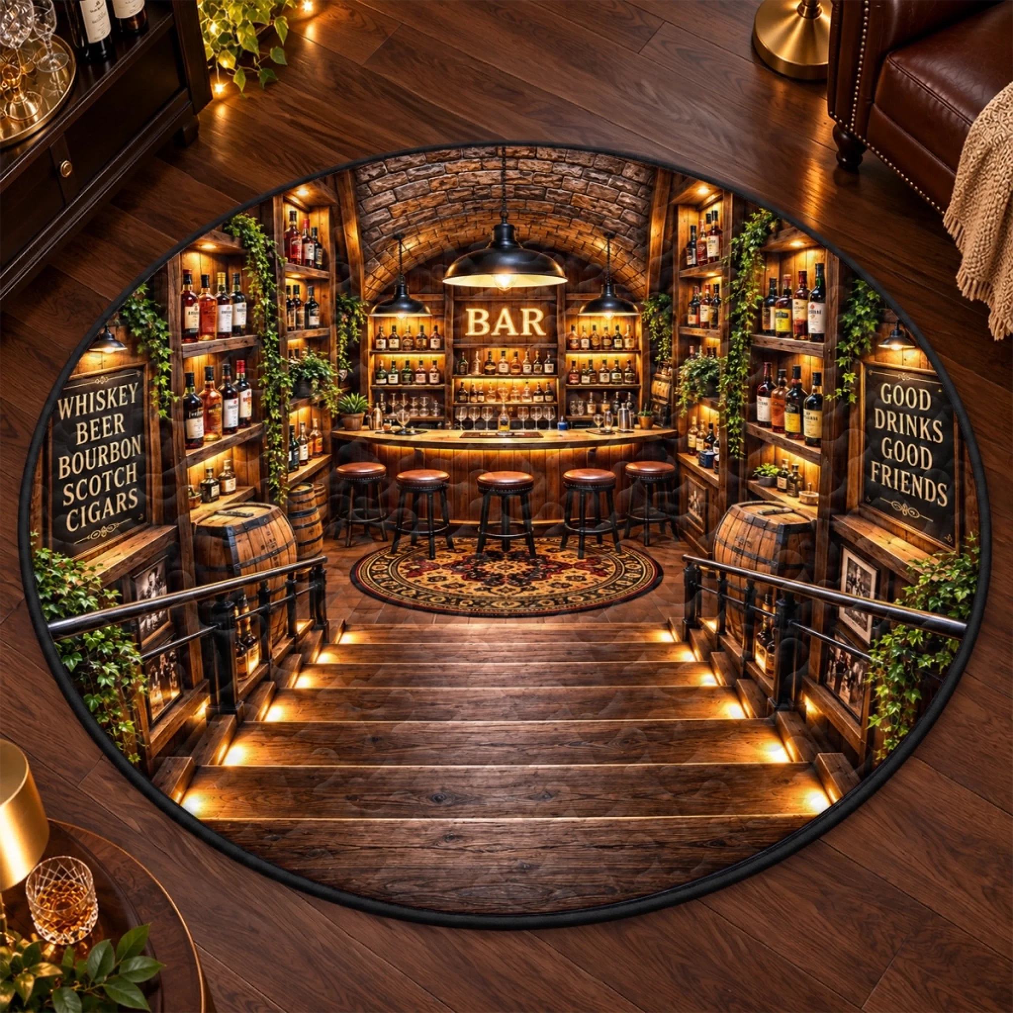 Home Bar Lounge Decor Quilted Round Mat, Round Accent Rug for Pub Room or Housewarming Gift