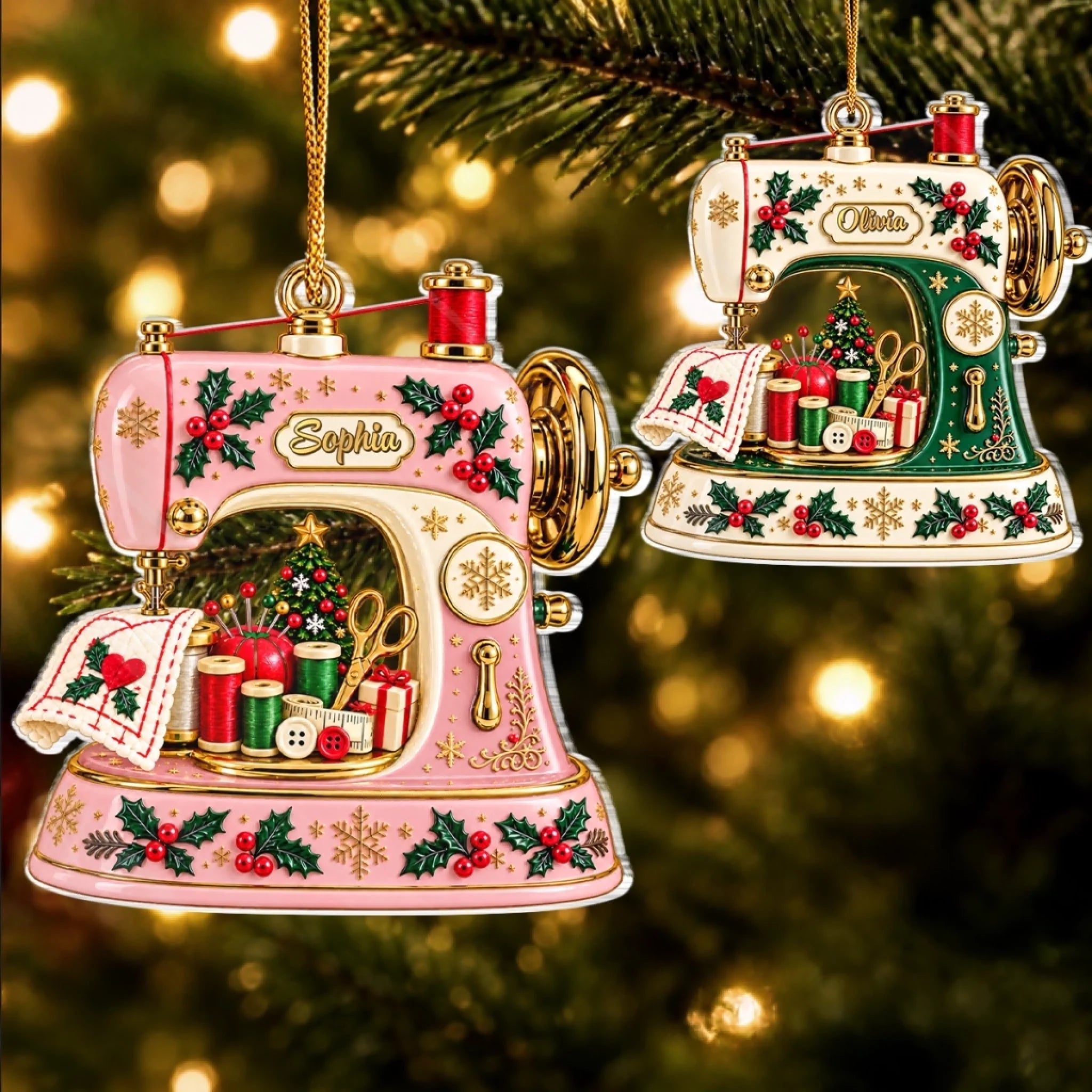 Custom Name Christmas Sewing Ornament, Personalized Acrylic Gift for Crafters and Quilters