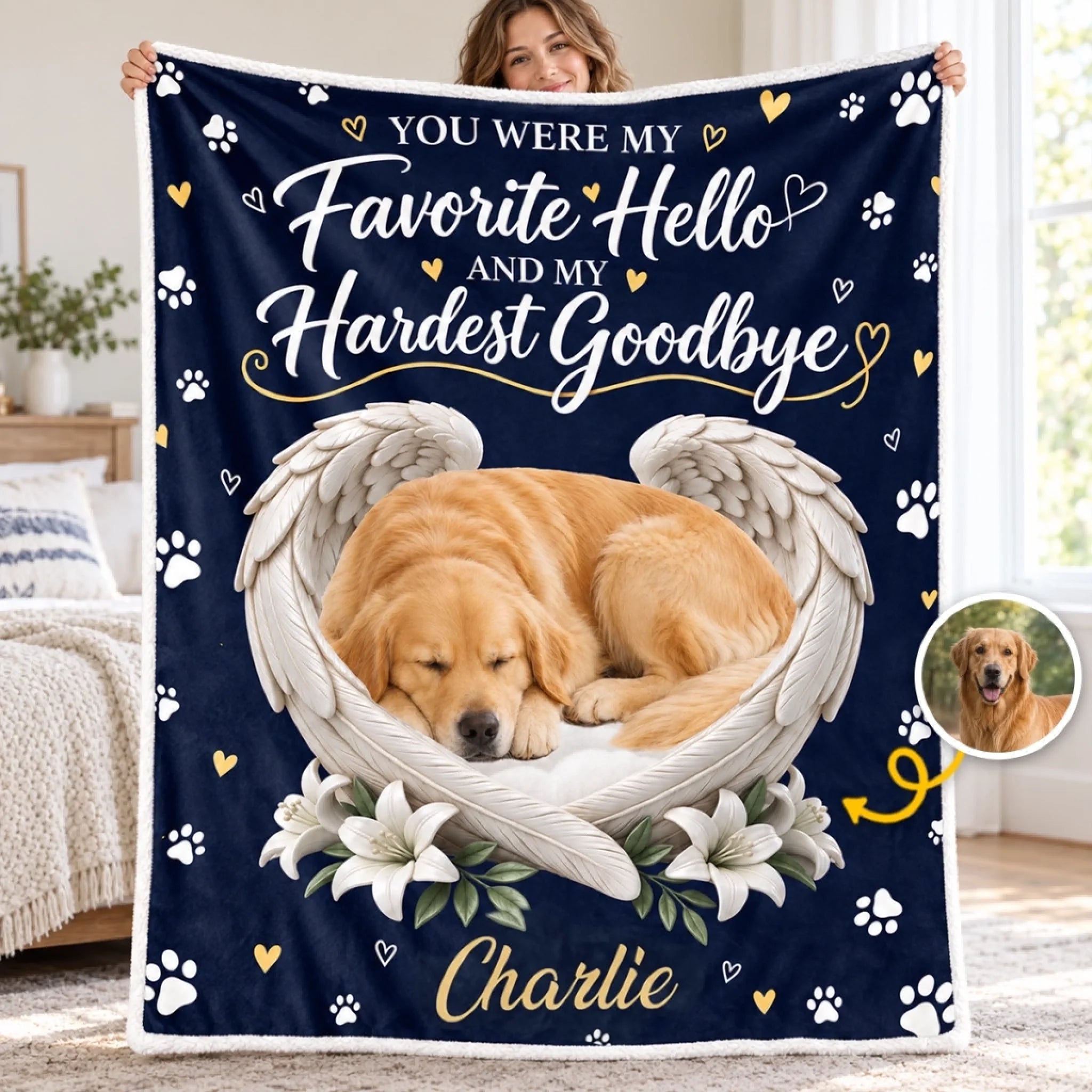 Custom Pet Photo Angel Memorial Blanket, Personalized Pet Loss Sympathy Gift with Name
