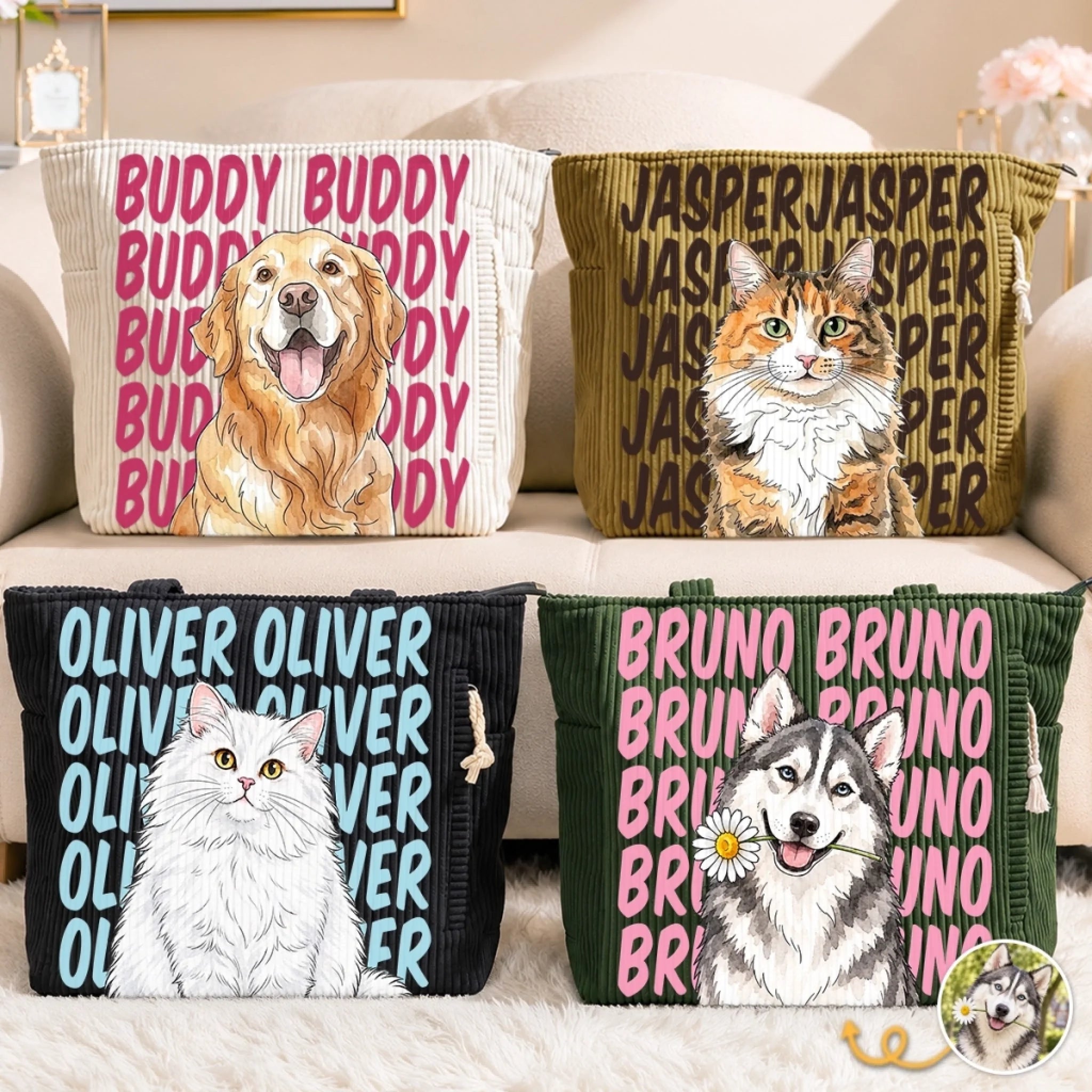 Personalized Corduroy Tote Bag with Custom Pet Photo, Dog and Cat Lover Gift