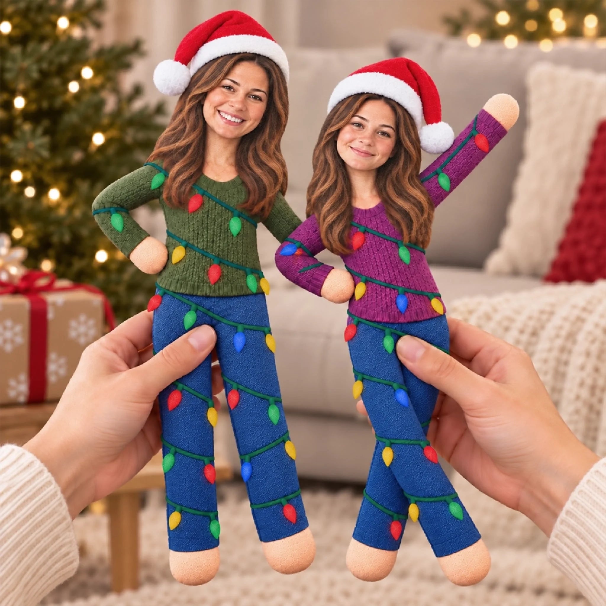 Custom Photo Christmas Light Poseable Plush Doll Personalized Holiday Gift for Sisters Coworkers and Family