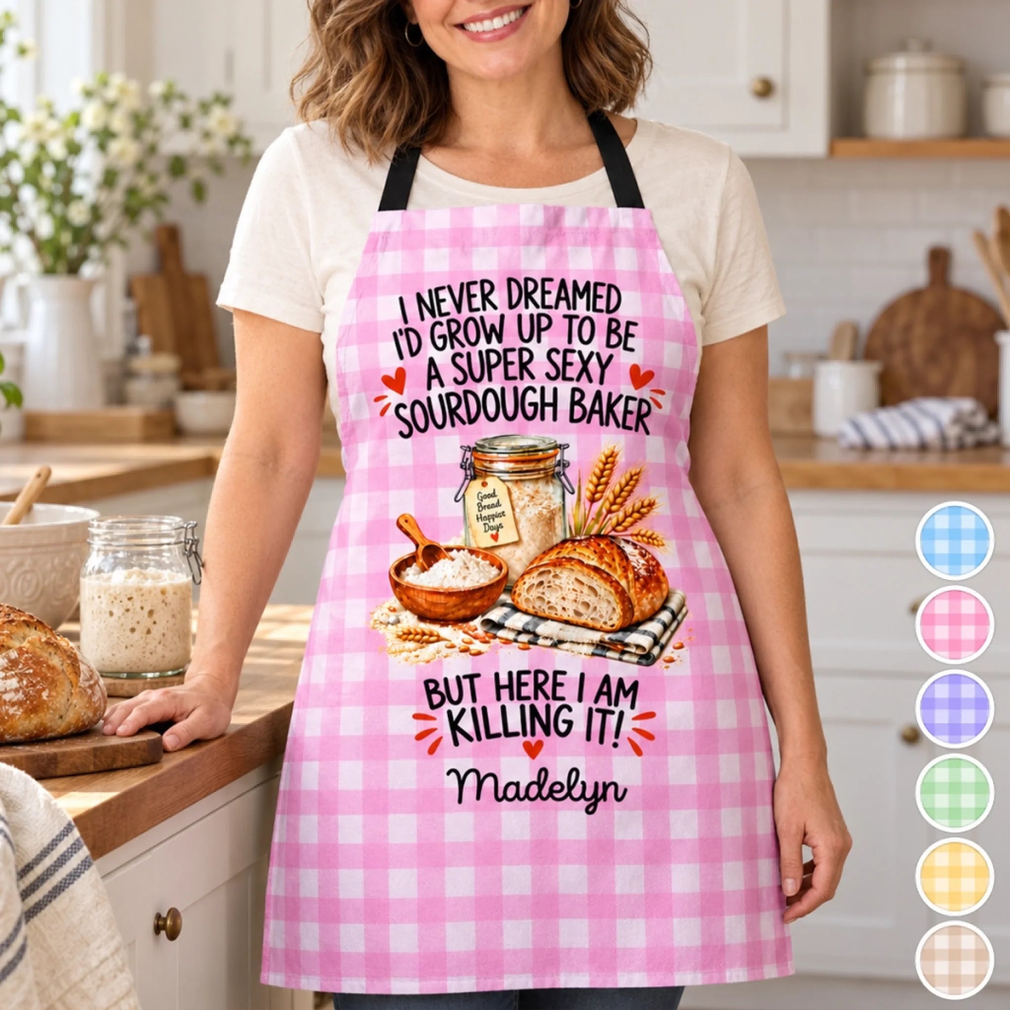 Custom Name Funny Sourdough Baker Apron With Pocket, Personalized Gift for Women