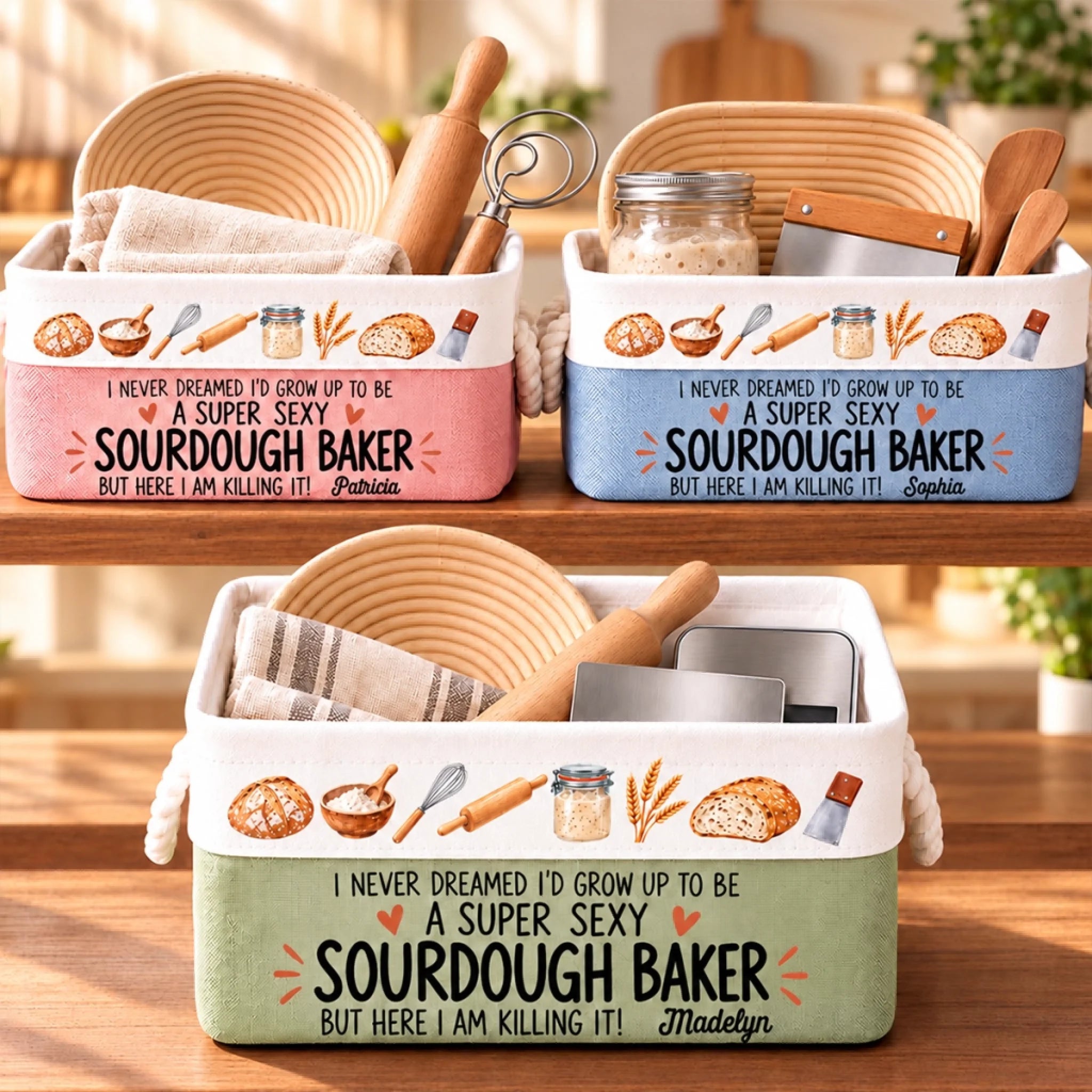 Personalized Custom Name Sourdough Baking Humor Gift Storage Basket for Kitchen Organization