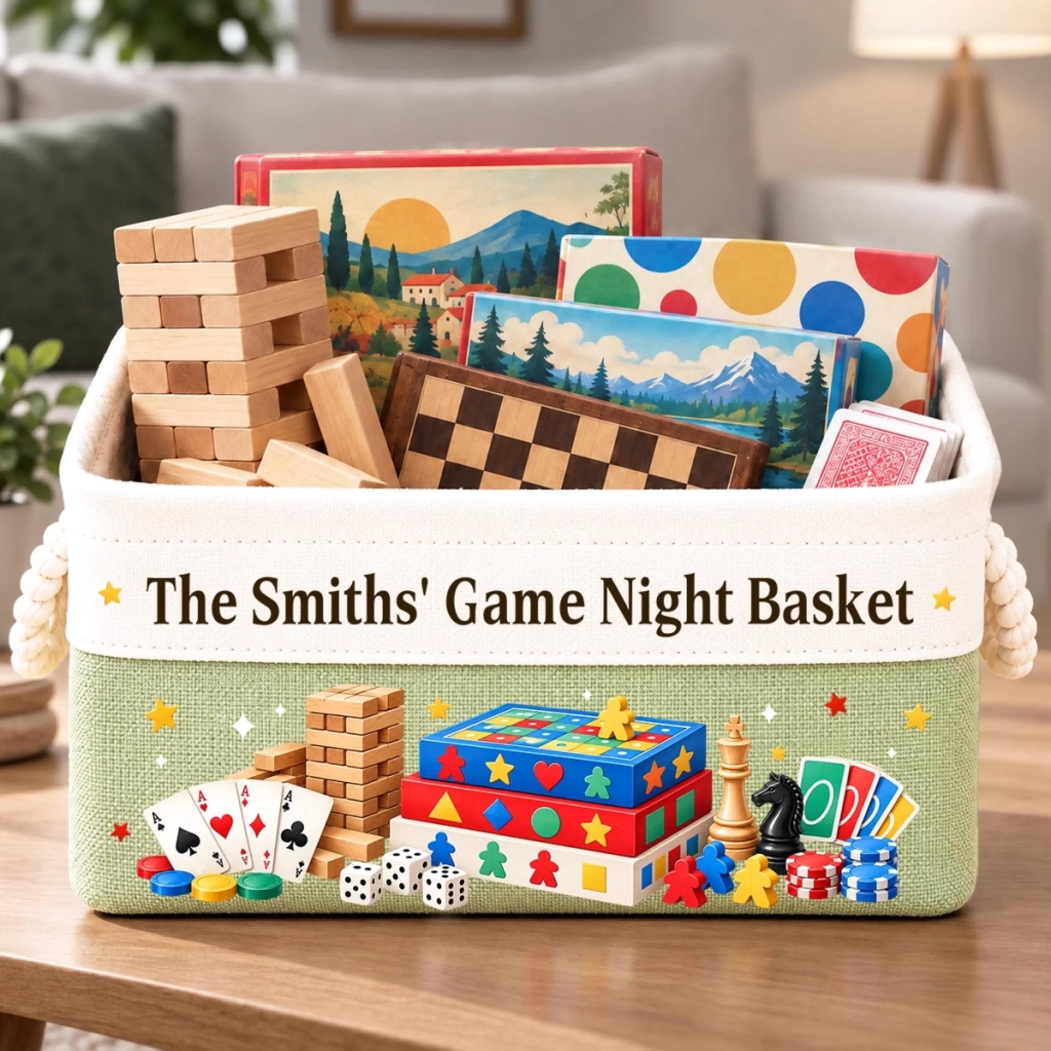 Personalized Family Game Night Storage Basket, Custom Name Organizer Gift for Board Games