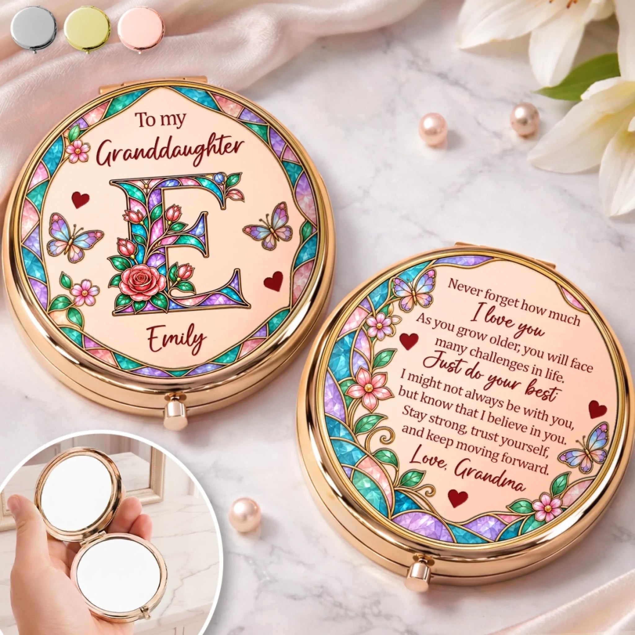Personalized Floral Compact Mirror with Custom Name, Encouragement Gift for Daughter or Granddaughter