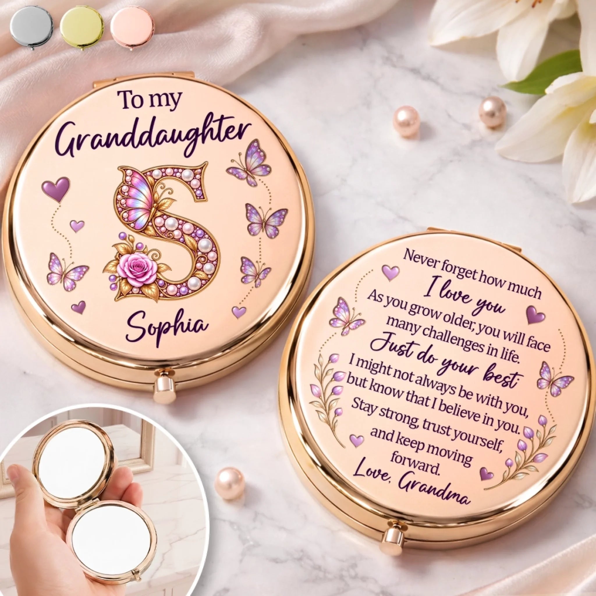 Custom Name Butterfly Initial Personalized Compact Mirror Gift for Daughter or Granddaughter