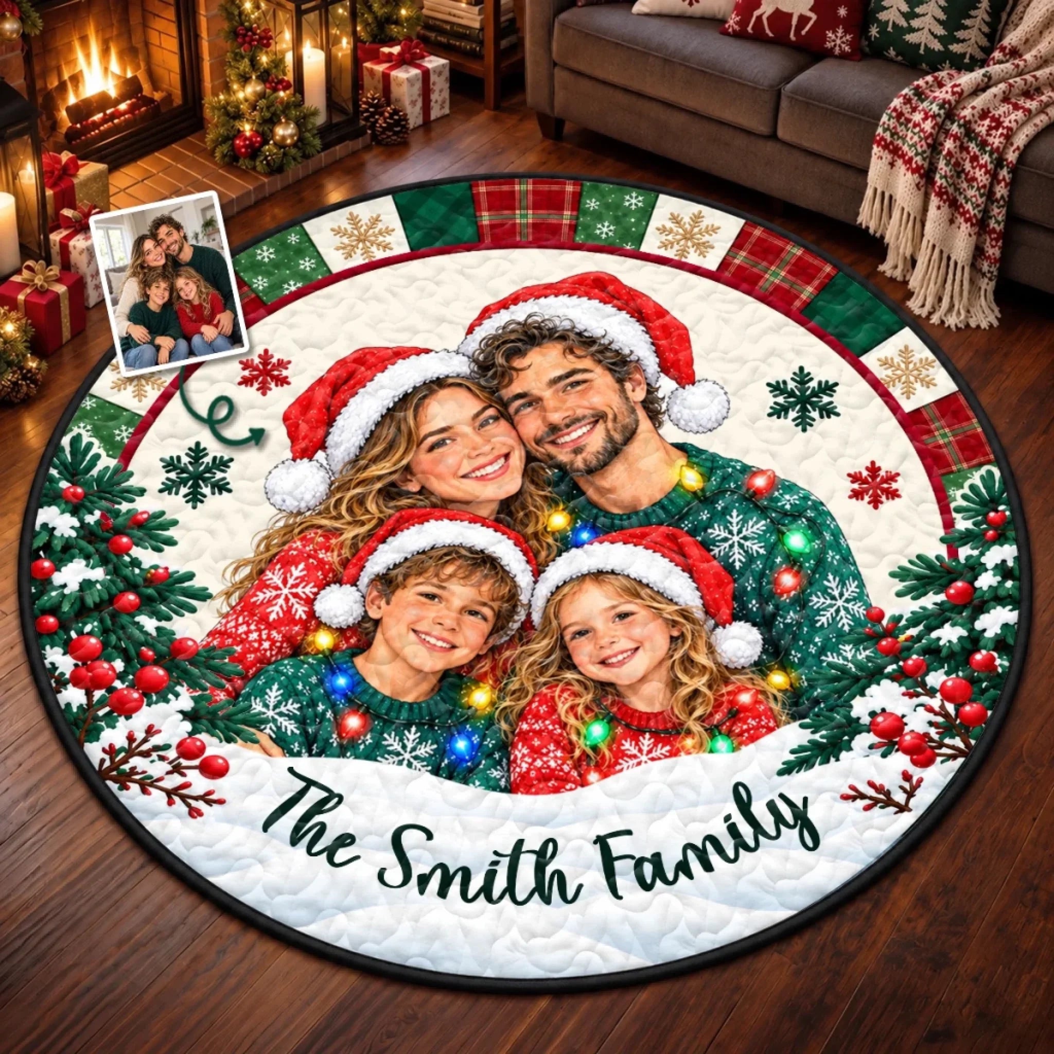 Custom Photo Family Christmas Decor Personalized Quilted Round Mat Holiday Gift