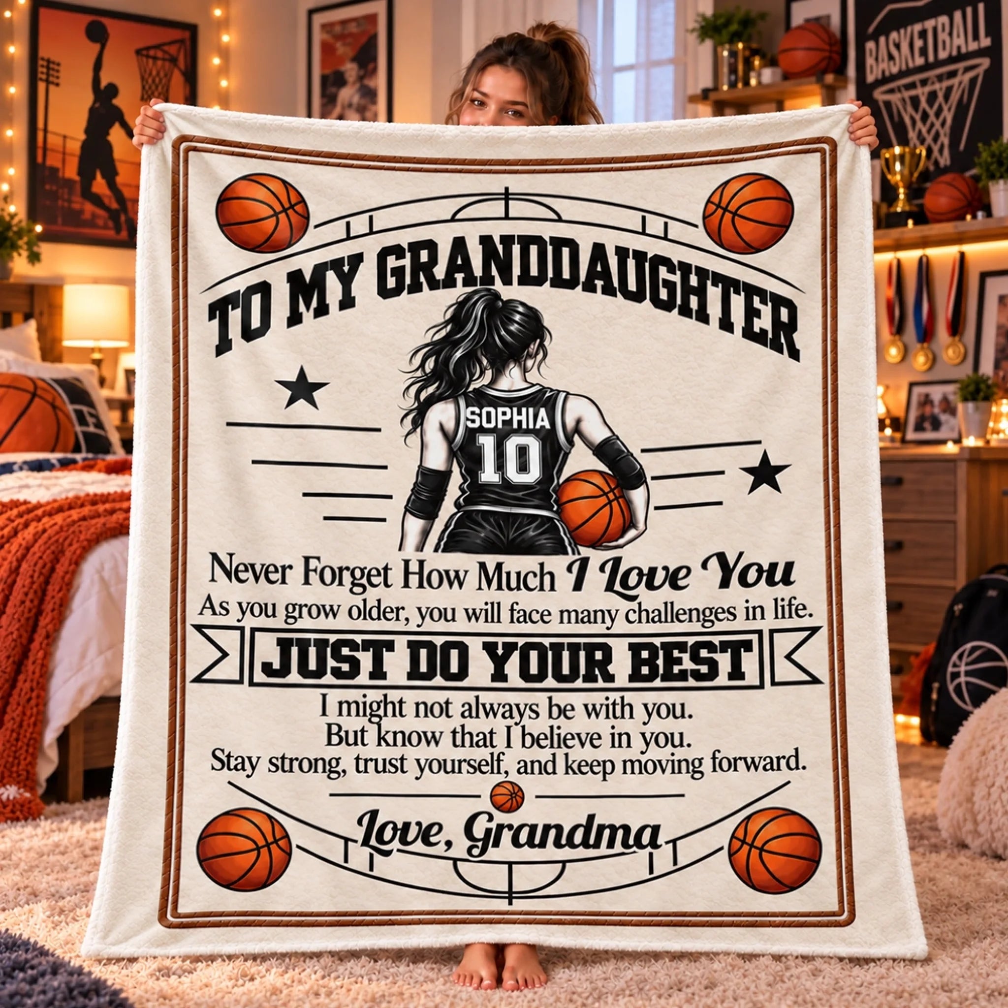 Custom Name Basketball Blanket Gift for Granddaughter, Personalized Sports Throw Blanket