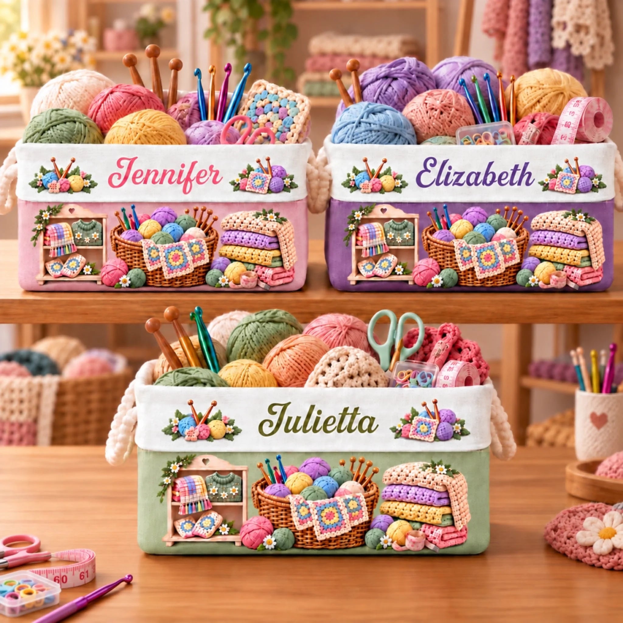 Personalized Knitting Crochet Storage Basket, Custom Gift for Crocheters, Crafters and Women