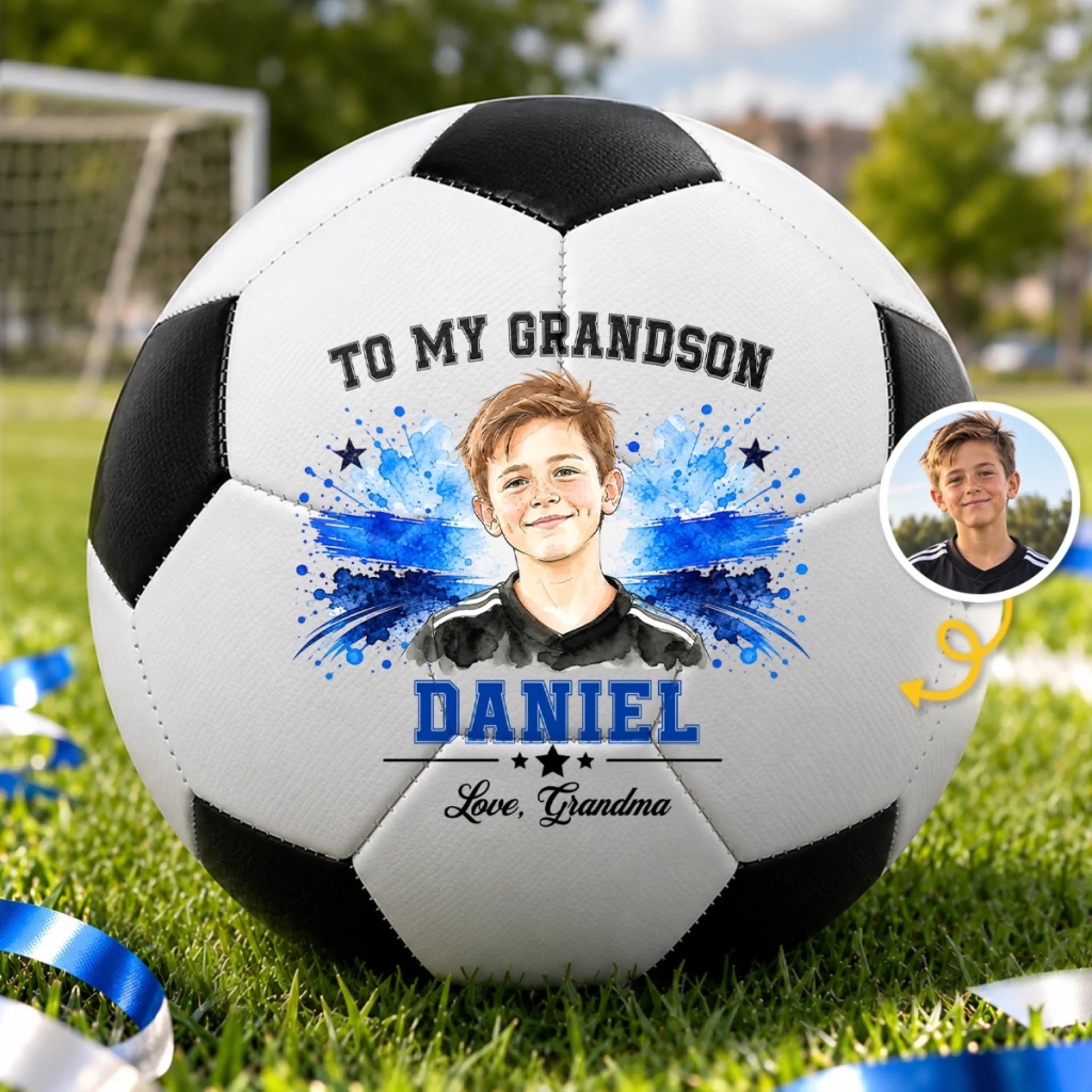 Custom Photo Soccer Portrait Keepsake for Grandson Personalized Soccer Ball Gift