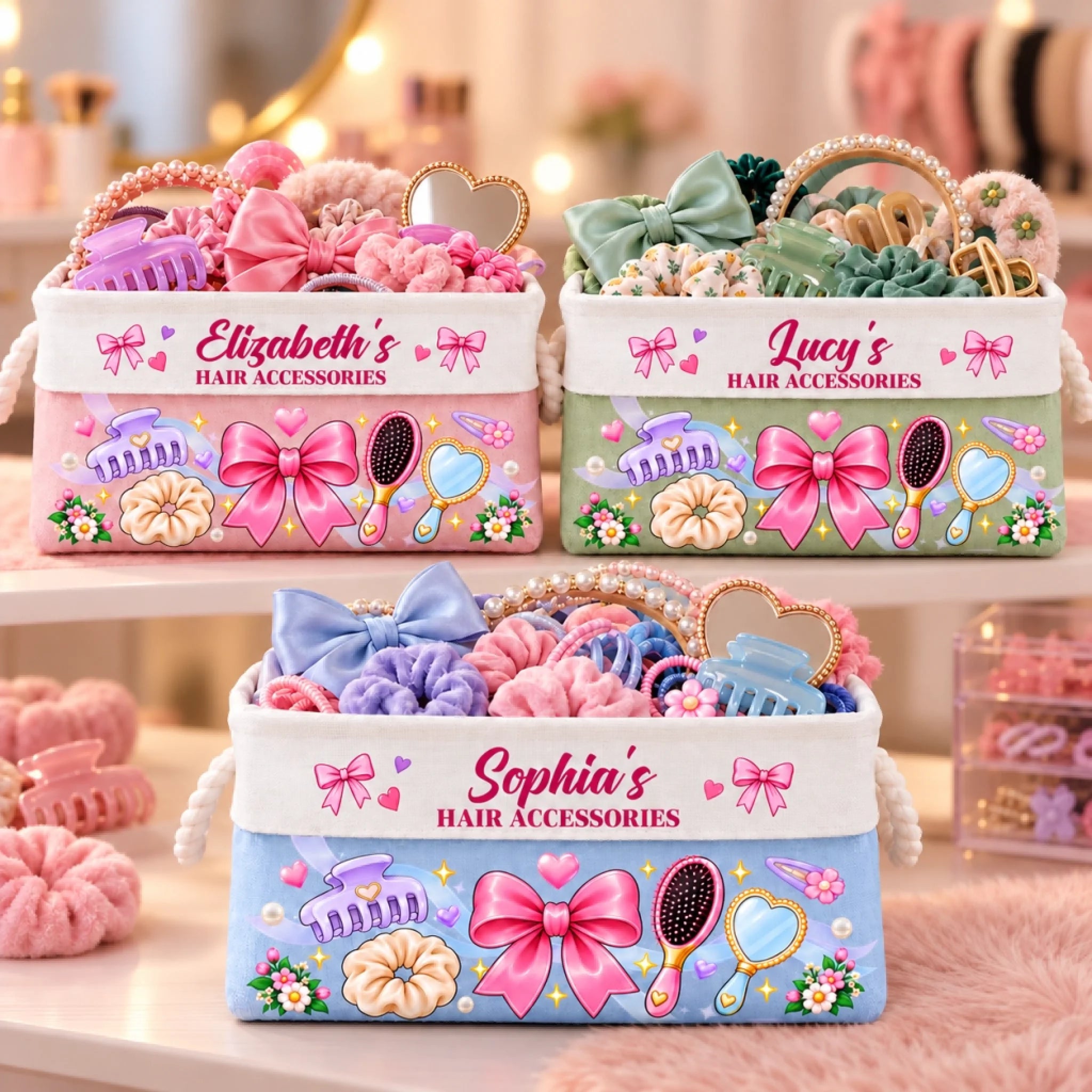 Personalized Name Storage Basket for Hair Accessories, Custom Gift for Women, Girls and Kids
