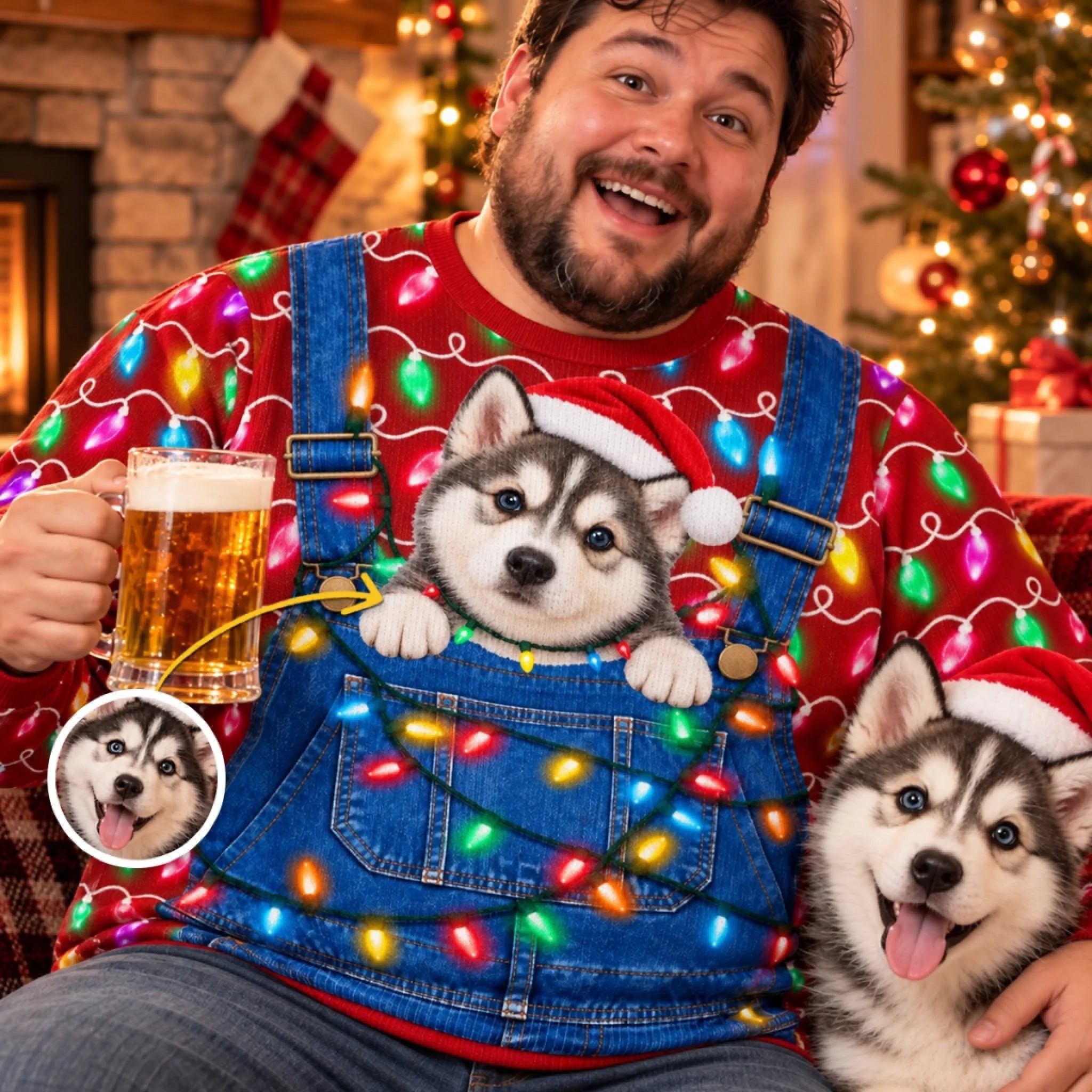 Custom Pet Photo Santa Hat Husky Christmas Sweatshirt, Personalized Ugly Sweater Gift for Dog & Cat Lovers