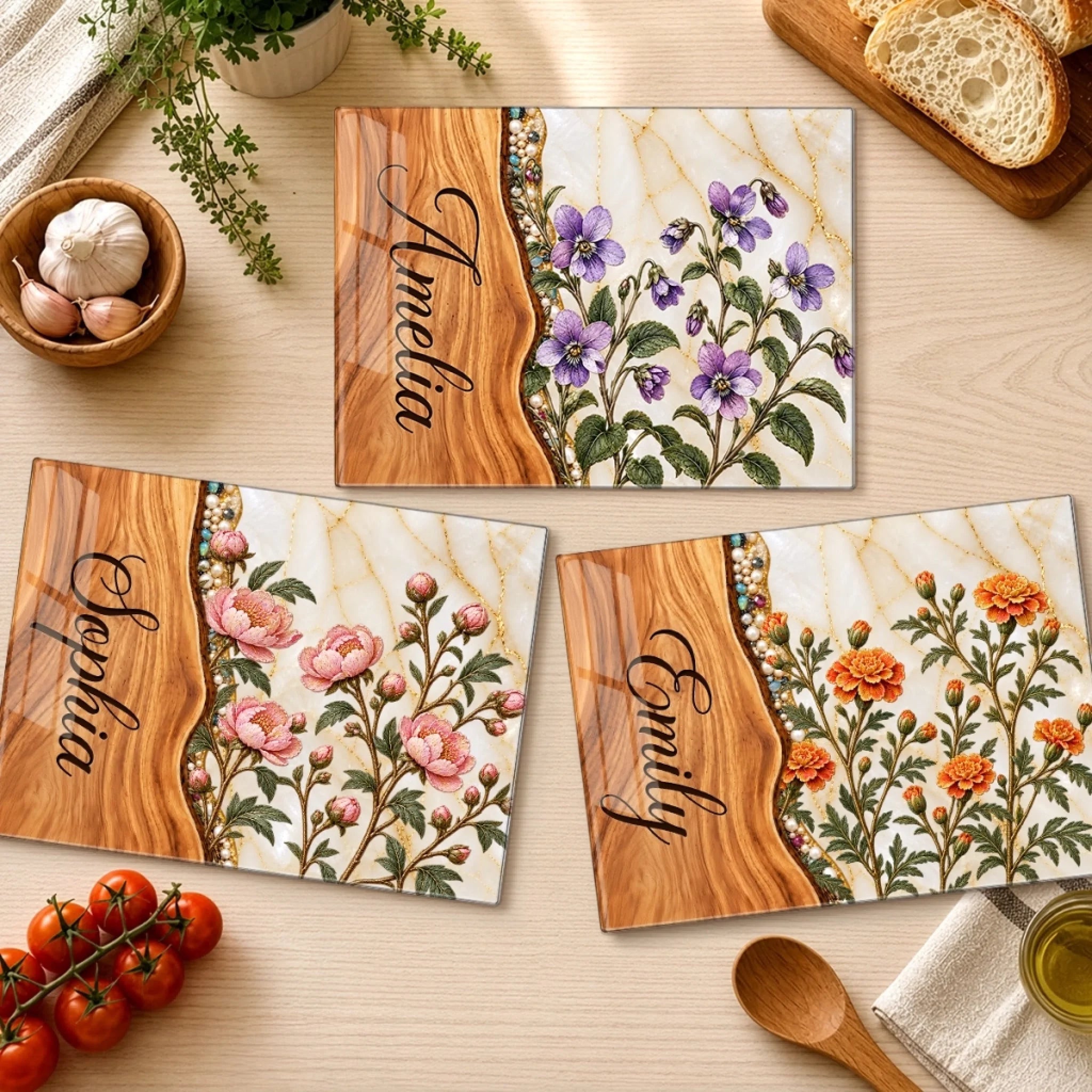 Personalized Glass Cutting Board with Custom Name Floral Design, Kitchen Decor Gift for Her