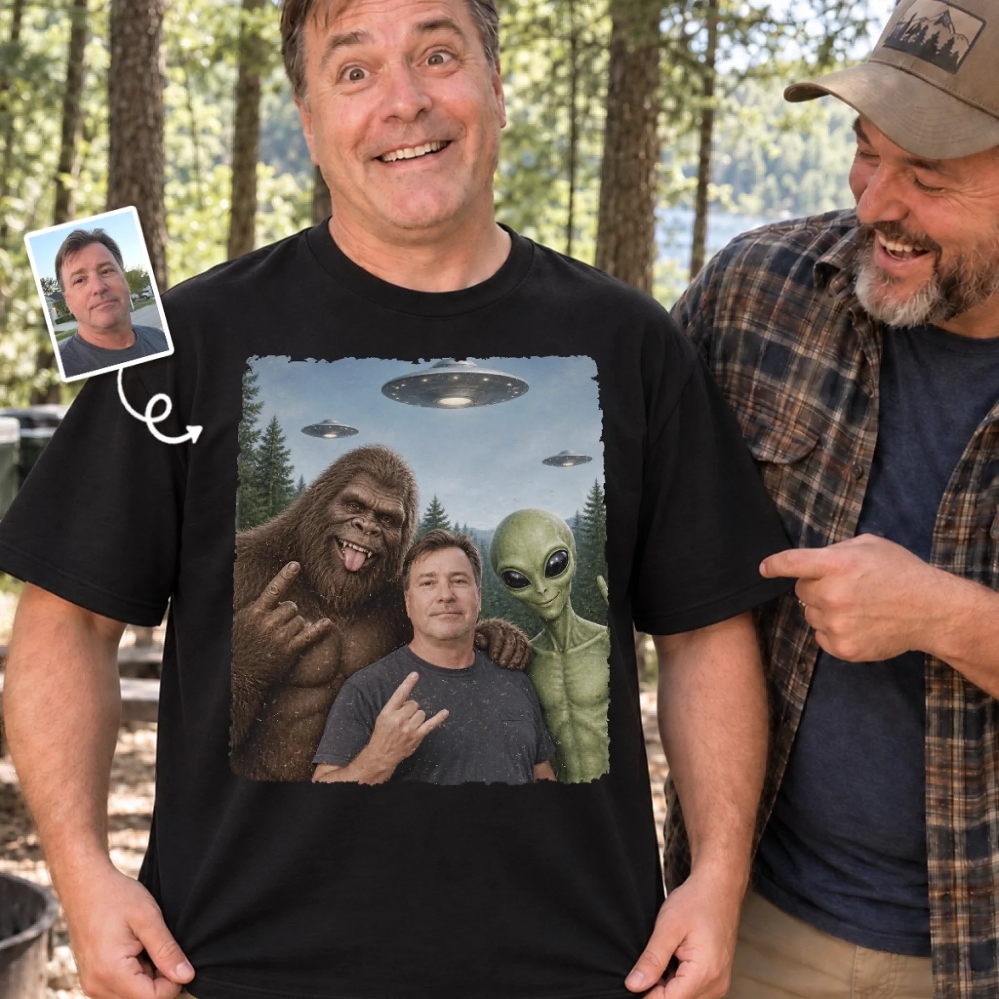 Custom Photo Funny Bigfoot Alien UFO Personalized Comfort T-Shirt Gift for Men and Women