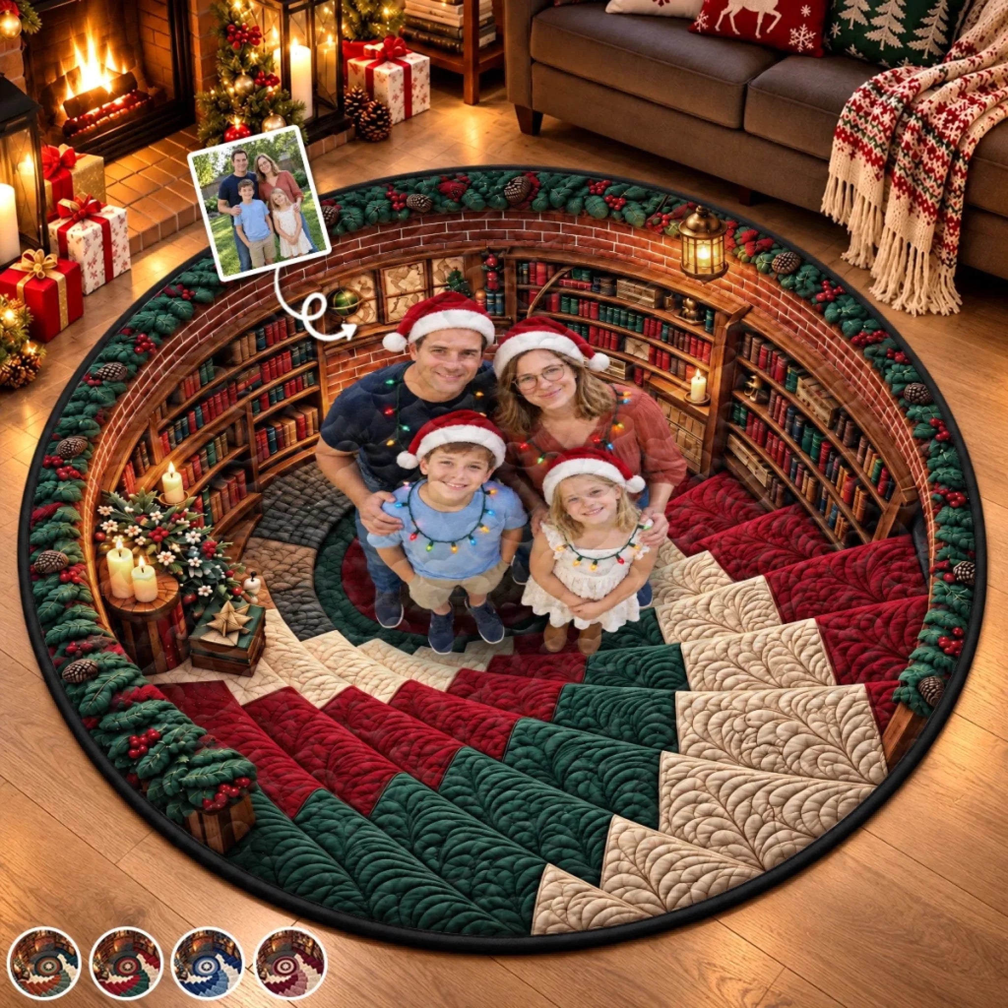 Custom Family Photo Christmas Library Decor Personalized Quilted Round Mat Gift